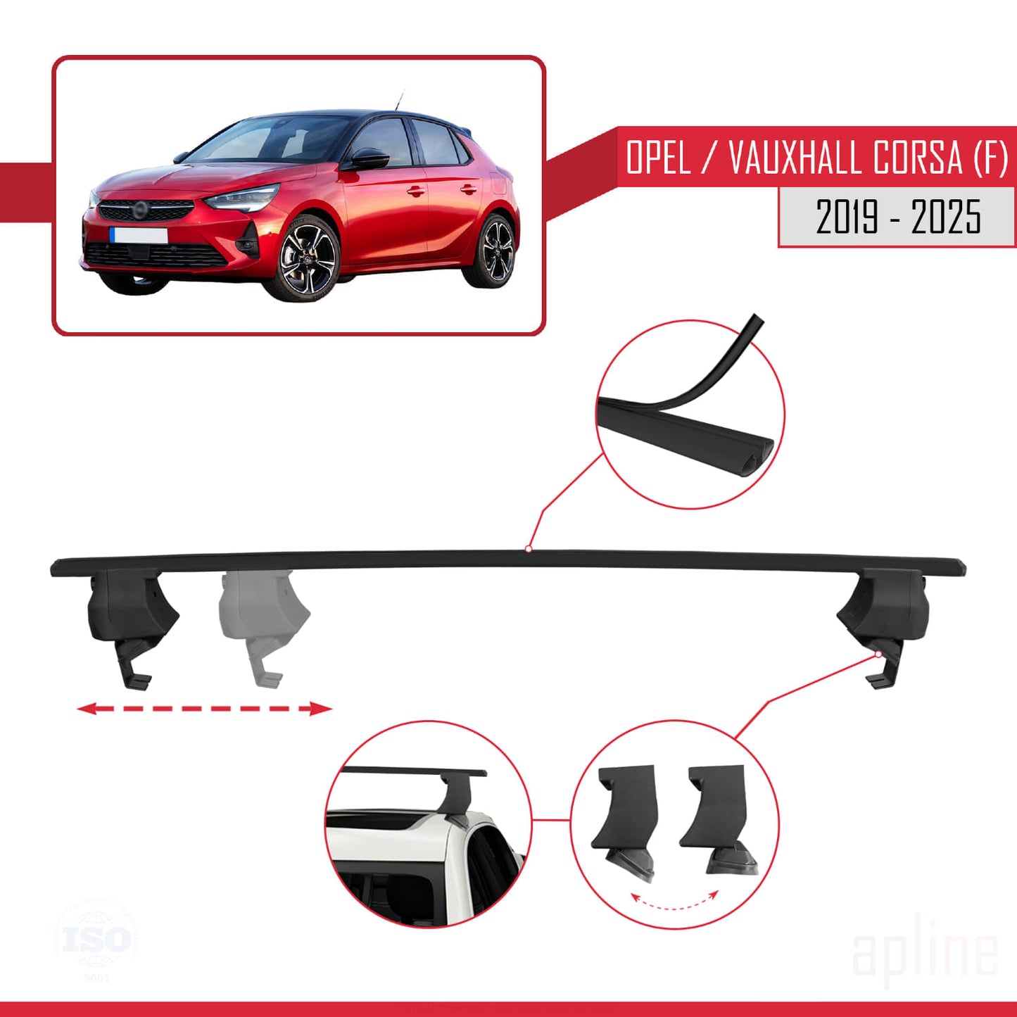 Compatible avec Opel/Vauxhall Corsa F 2019-2025 ACE-4 Barres de Toit Railing Porte-Bagages de Voiture Noir Aluminium 2 Barres