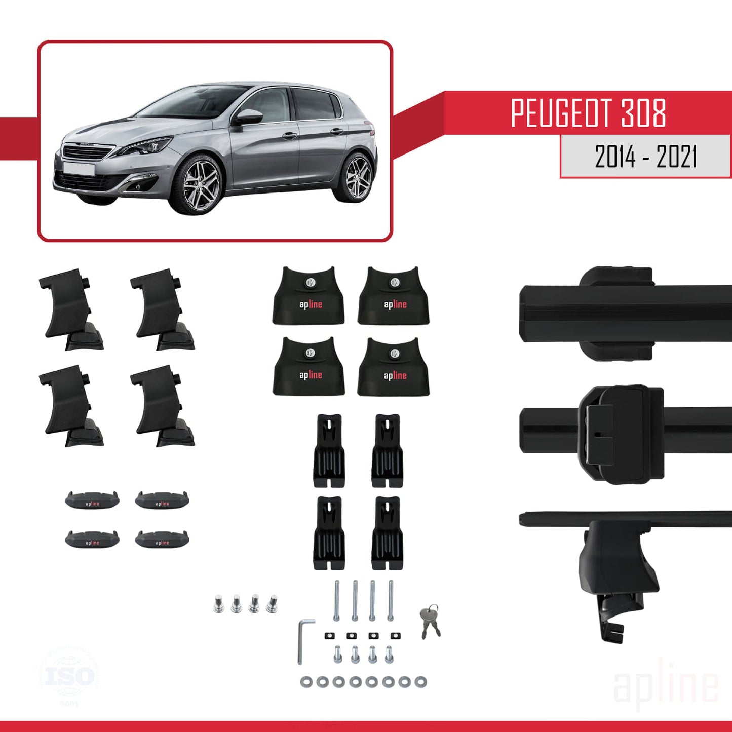 Compatible avec Peugeot 308 II (T9) 2014-2021 ACE-4 Barres de Toit Railing Porte-Bagages de Voiture Noir Aluminium 2 Barres