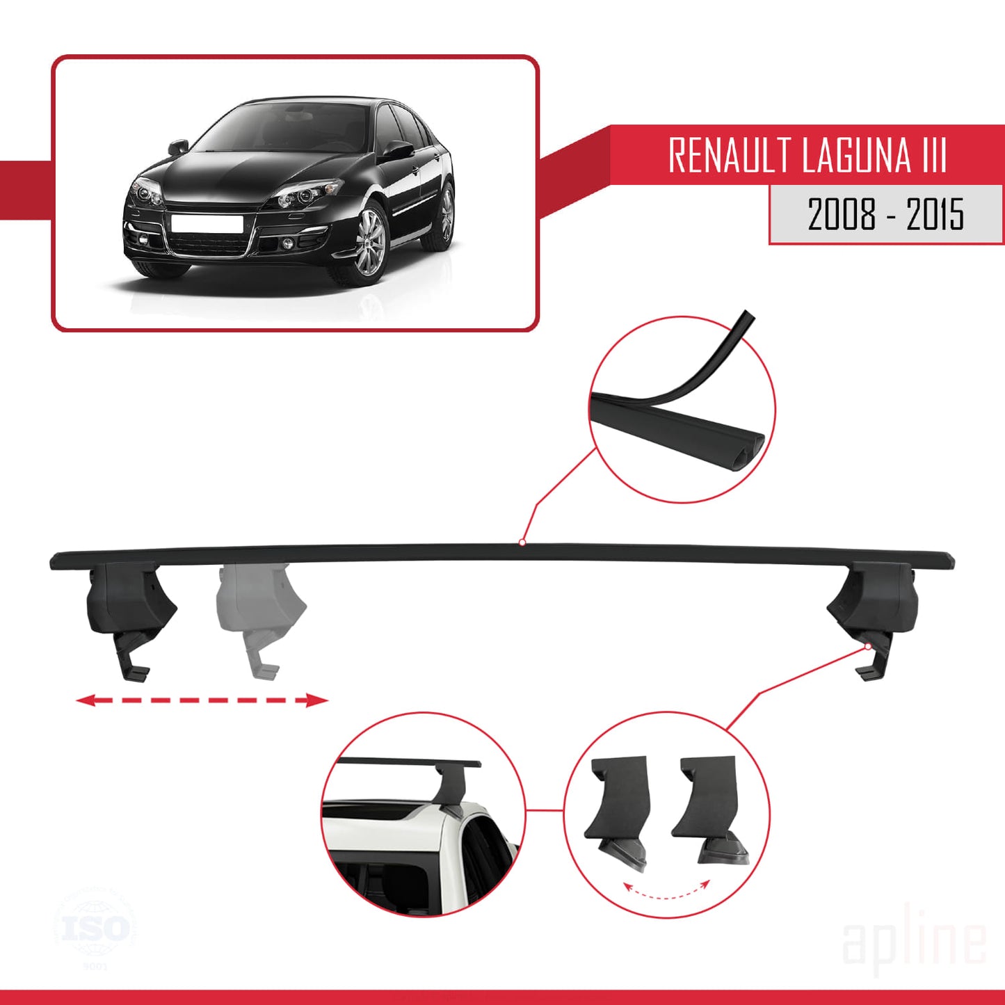 Compatible avec Renault Laguna 3 (X91)2008-2015 ACE-4 Barres de Toit Railing Porte-Bagages de Voiture Noir Aluminium 2 Barres