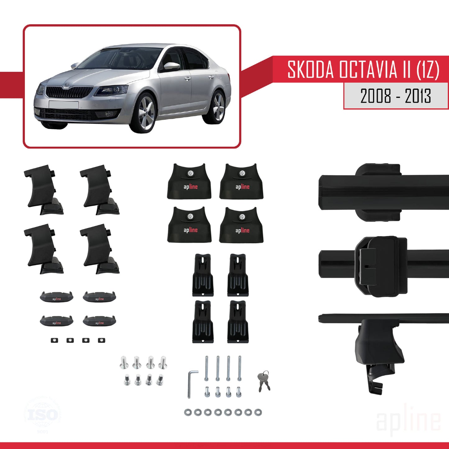 Compatible avec Skoda Octavia 2 (1Z) Post-Facelift 2008-2013 ACE-4 Barres de Toit Railing Porte-Bagages de Voiture Noir Aluminium 2 Barres