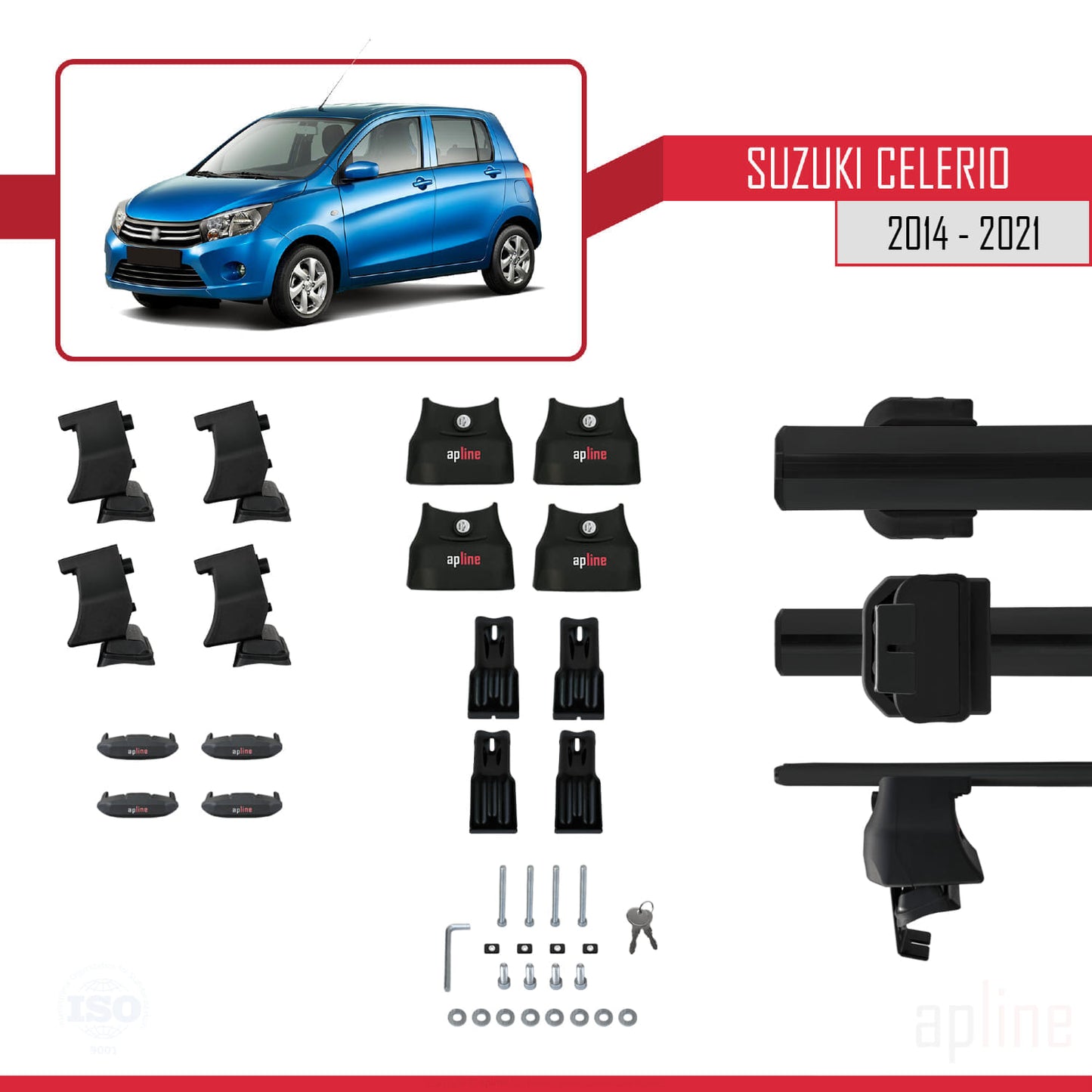 Compatible avec Suzuki Celerio 2 (FE) 2014-2021 ACE-4 Barres de Toit Railing Porte-Bagages de Voiture Noir Aluminium 2 Barres