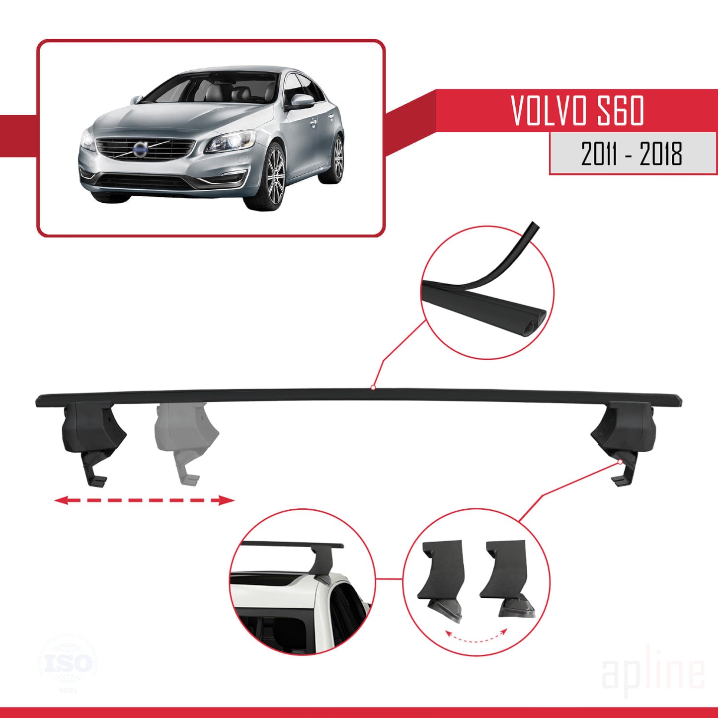 Compatible avec Volvo S60 II 2011-2018 ACE-4 Barres de Toit Railing Porte-Bagages de Voiture Noir Aluminium 2 Barres