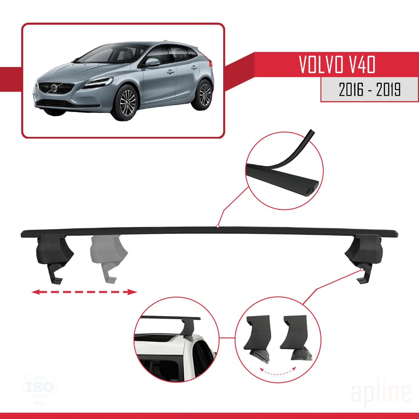 Compatible avec Volvo V40 Post-Facelift 2016-2019 ACE-4 Barres de Toit Railing Porte-Bagages de Voiture Noir Aluminium 2 Barres