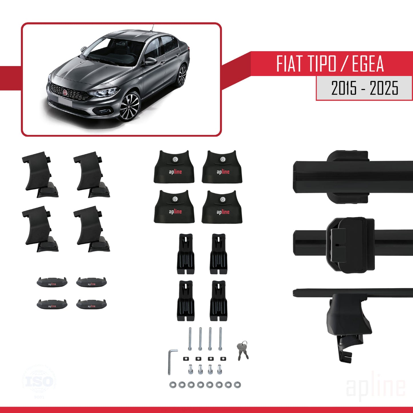Compatible avec Fiat Egea Berline 2015-2025 ACE-4 Barres de Toit Railing Porte-Bagages de Voiture Noir Aluminium 2 Barres