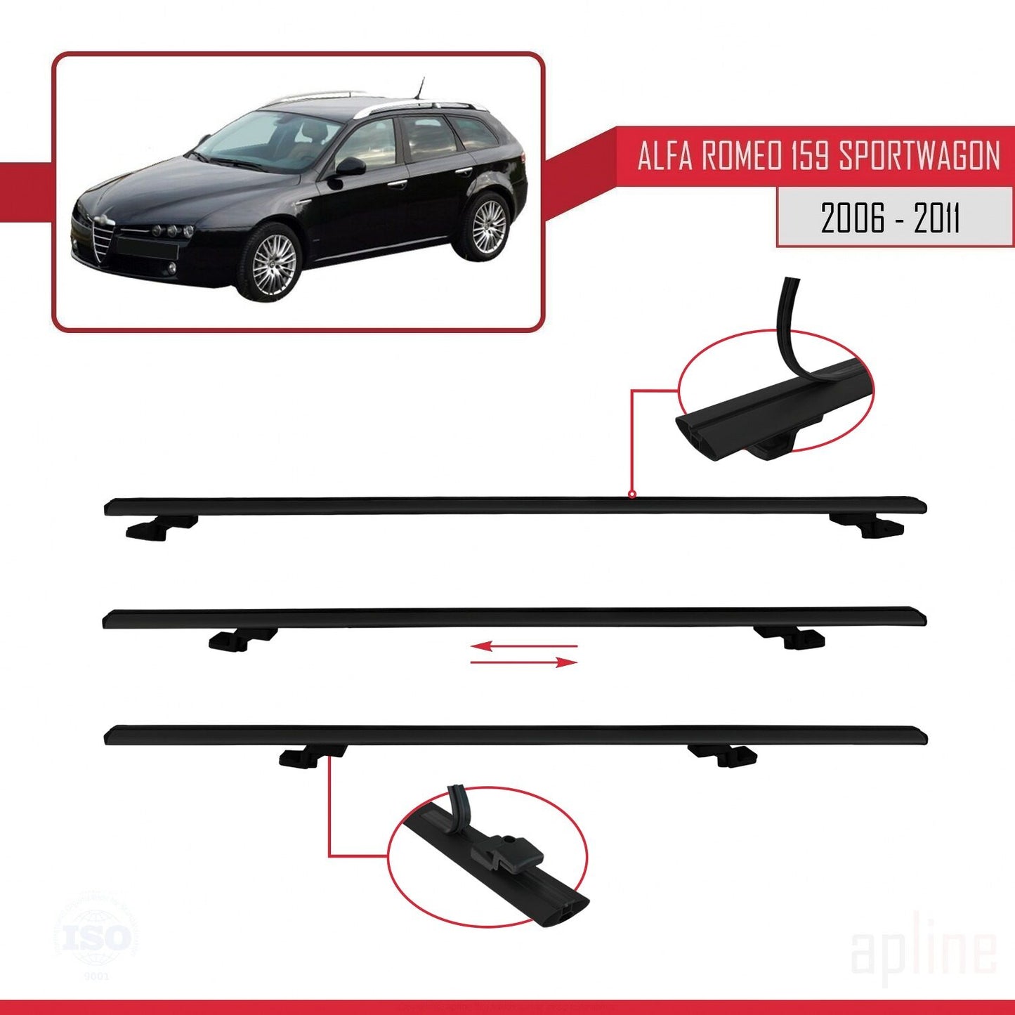 Compatibile con Alfa Romeo 159 (T939) Station Wagon 2006-2011 Modello BASIC Barre portatutto per auto Portapacchi in alluminio nero 2 barre
