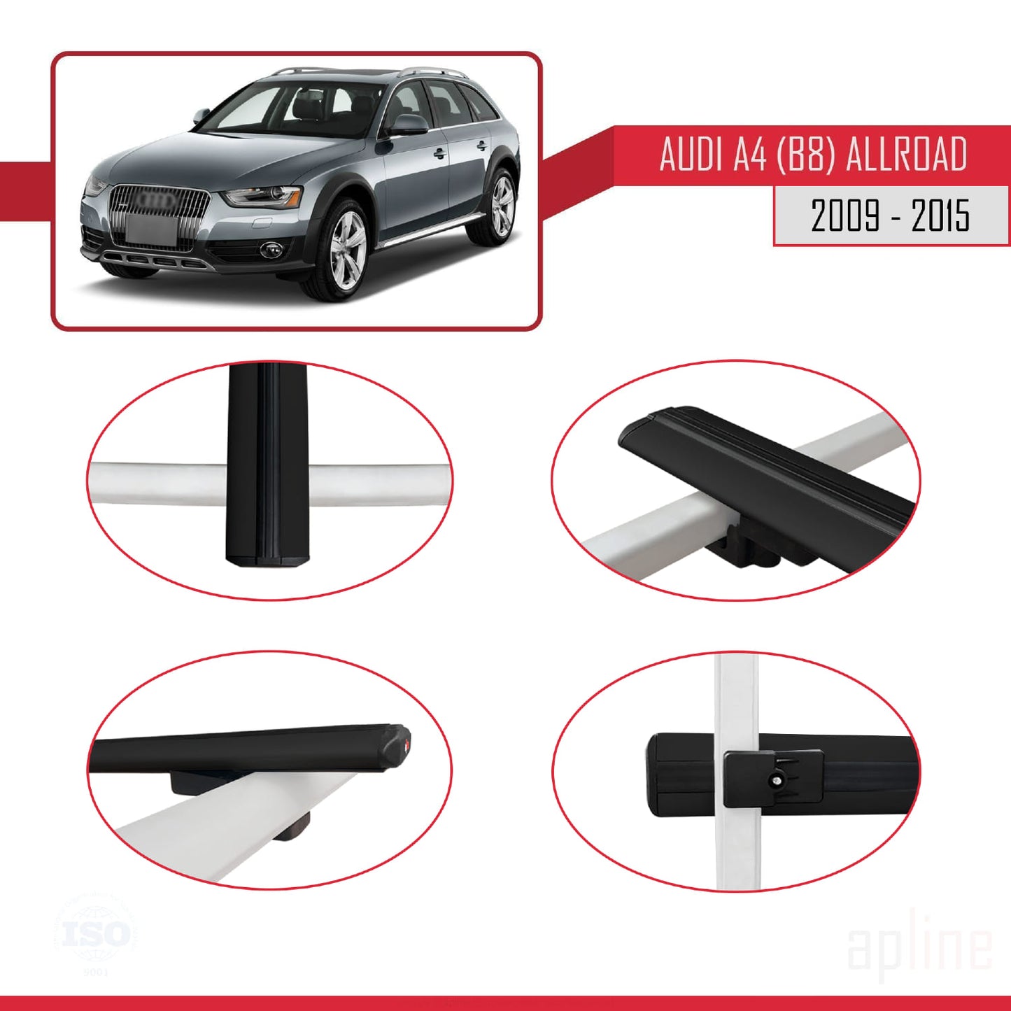 Compatible avec A4 (B8) Allroad 2009-2015 BASIC Model Barres de Toit Railing Porte-Bagages de Voiture Noir Aluminium 3 Barres