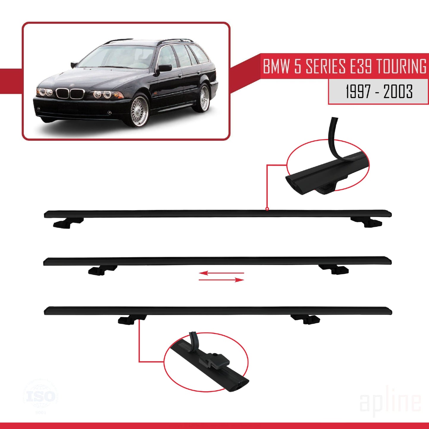 Compatible avec BMW Série 5 (E39) Touring 1997-2003 BASIC Model Barres de Toit Railing Porte-Bagages de Voiture Noir Aluminium 3 Barres