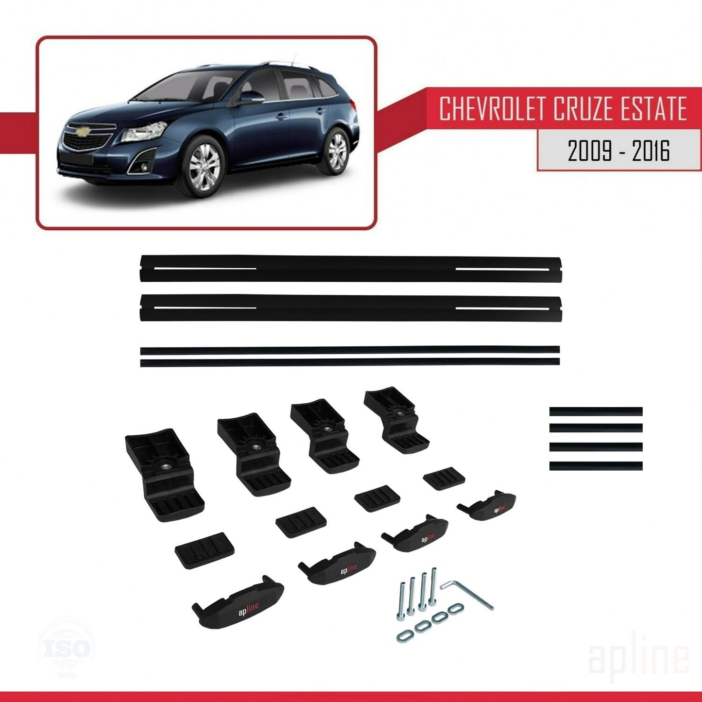 Kompatibel mit Chevrolet Cruze (J300) 2009-2016 Basismodell Dachgepäckträger, schwarzes Aluminium, 2 Stangen