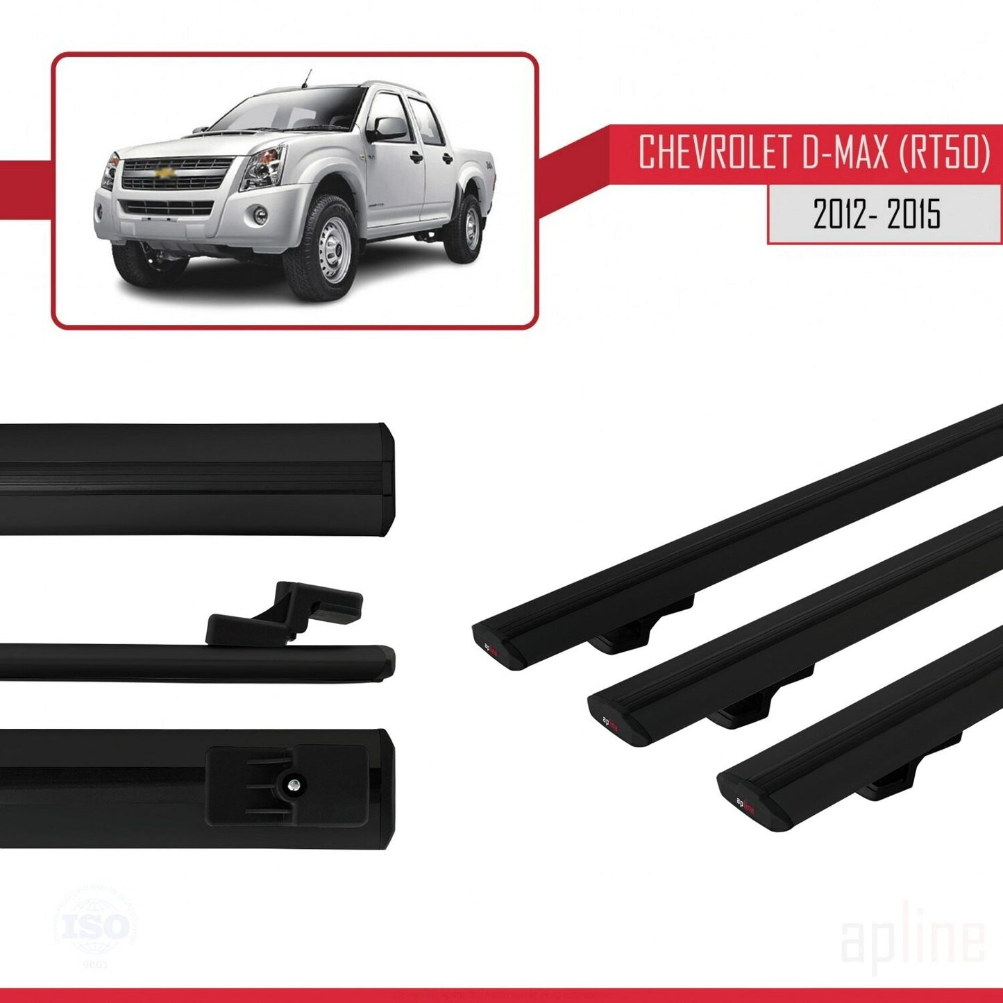 Kompatibel mit Chevrolet D-Max (RT50) 2012-2015 BASIC Modell Dachgepäckträger, schwarzes Aluminium, 3 Stangen