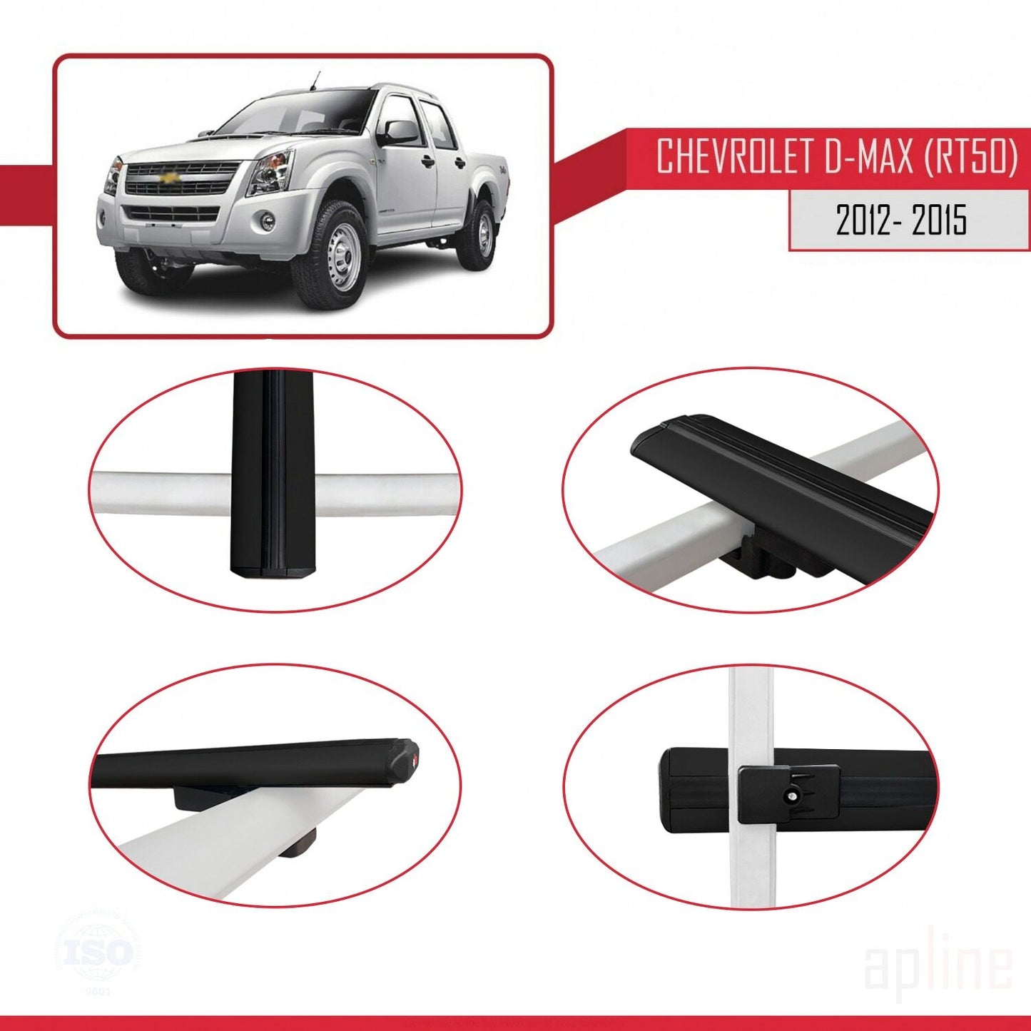 Kompatibel mit Chevrolet D-Max (RT50) 2012-2015 BASIC Modell Dachgepäckträger, schwarzes Aluminium, 3 Stangen