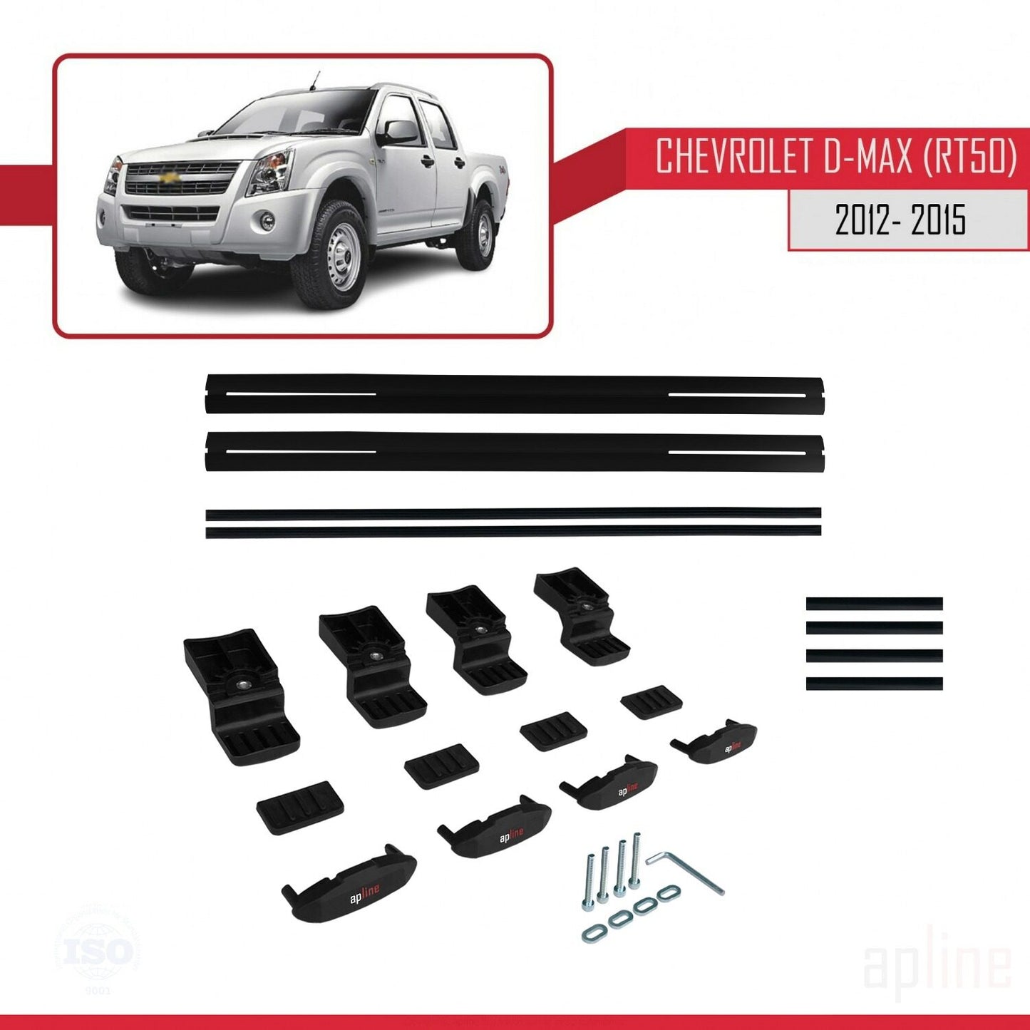 Kompatibel mit Chevrolet D-Max (RT50) 2012-2015 BASIC Modell Dachgepäckträger, schwarzes Aluminium, 2 Stangen