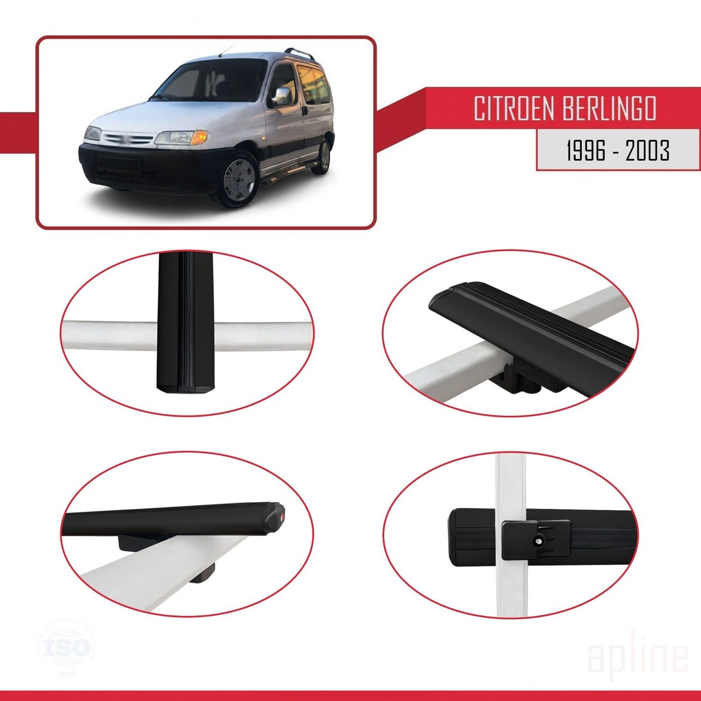 Compatible with Citroen Berlingo (M49) 1996-2003 BASIC Model Car Roof Rack Cross Bar Black Aluminium 3 Bars