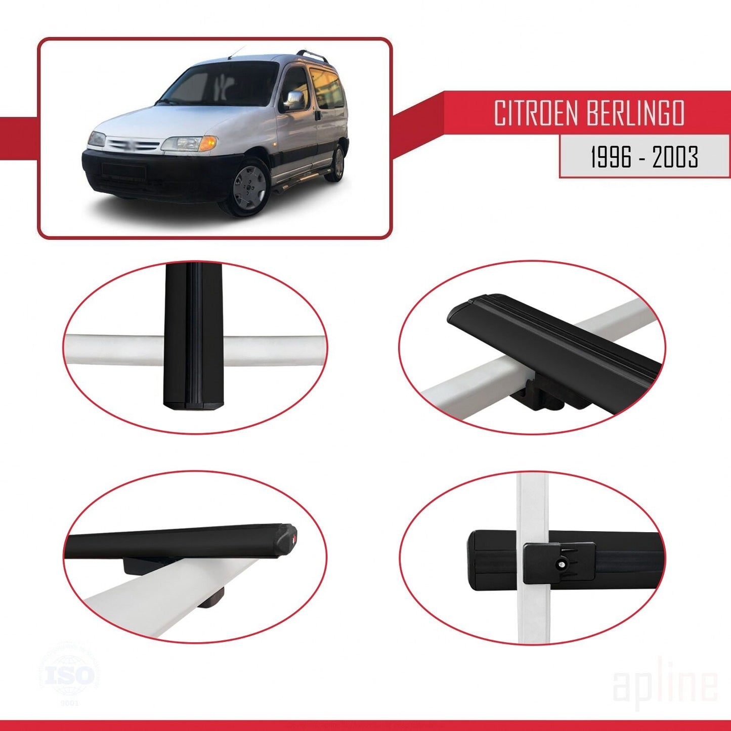 Compatible avec Citroen Berlingo (M49) 1996-2003 BASIC Model Barres de Toit Railing Porte-Bagages de Voiture Noir Aluminium 2 Barres