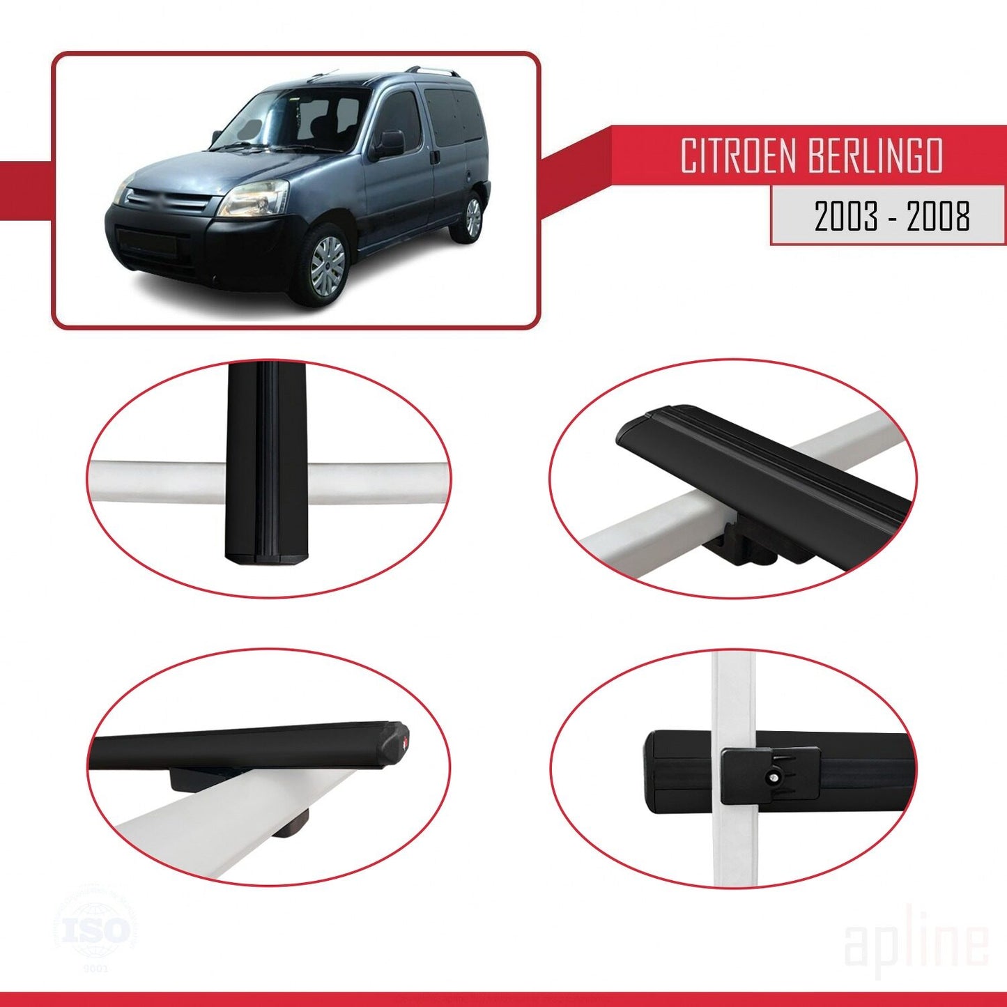 Compatible avec Citroen Berlingo (M59) 2003-2008 BASIC Model Barres de Toit Railing Porte-Bagages de Voiture Noir Aluminium 2 Barres