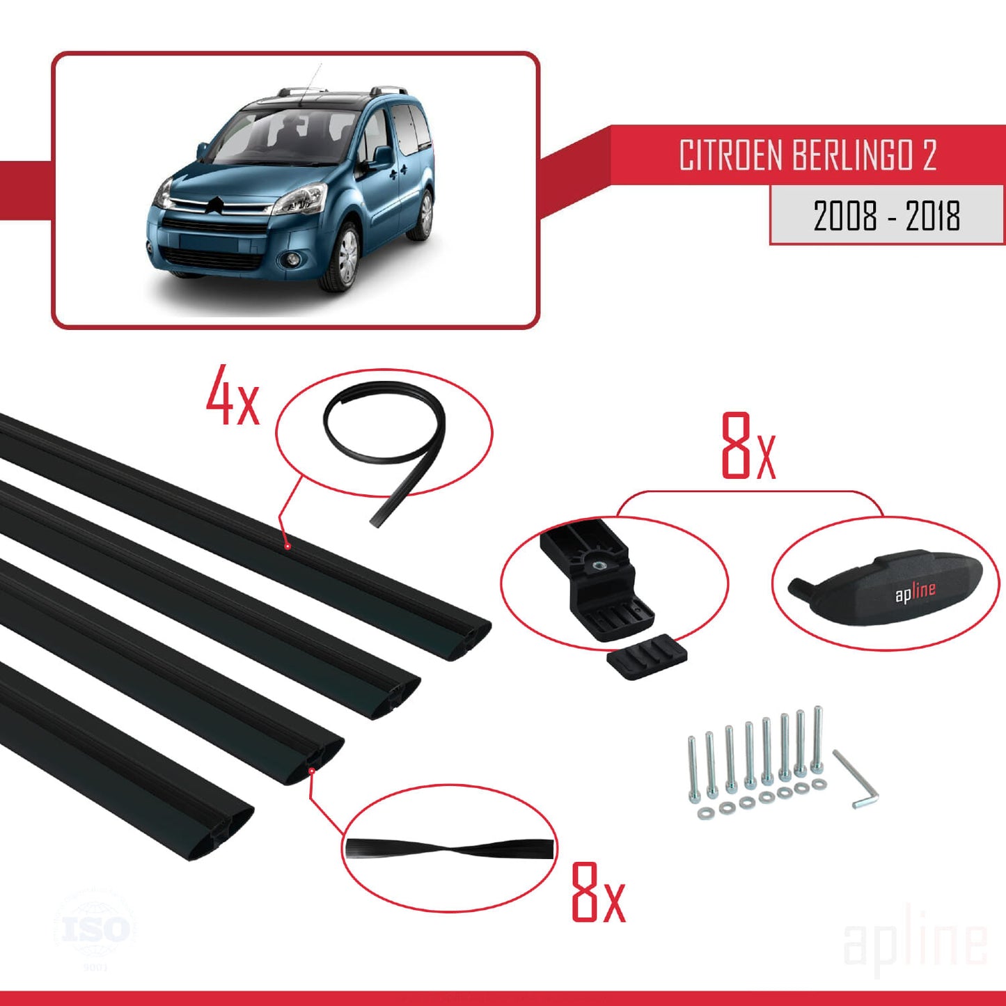 Compatible avec Citroen Berlingo 2 (B9) 2008-2018 BASIC Model Barres de Toit Railing Porte-Bagages de Voiture Noir Aluminium 4 Barres