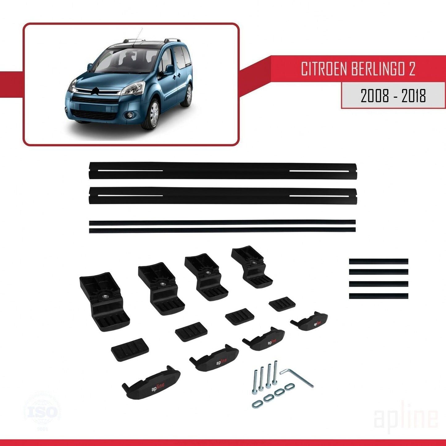 Compatible avec Citroen Berlingo 2 (B9) 2008-2018 BASIC Model Barres de Toit Railing Porte-Bagages de Voiture Noir Aluminium 2 Barres