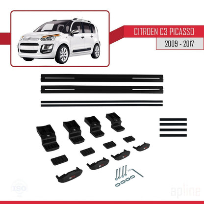 Compatible avec Citroen C3 Picasso 2009-2017 BASIC Model Barres de Toit Railing Porte-Bagages de Voiture Noir Aluminium 2 Barres