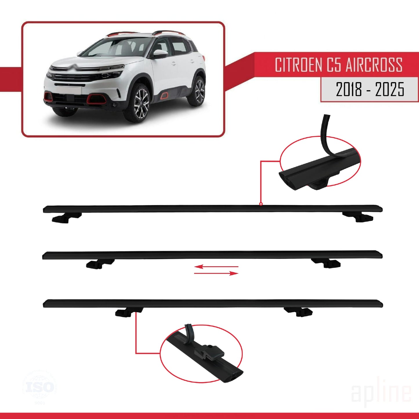 Kompatibel mit Citroen C5 Aircross 2018-2025 Basismodell Dachgepäckträger, Gepäckträger, schwarzes Aluminium, 3 Stangen