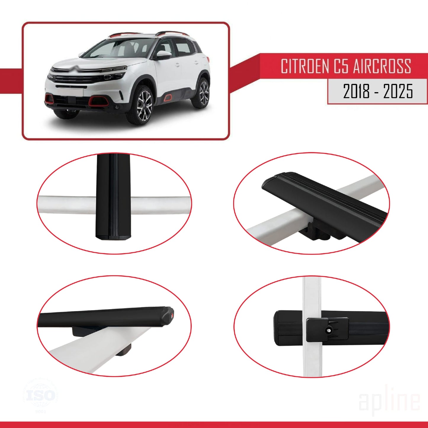 Kompatibel mit Citroen C5 Aircross 2018-2025 Basismodell Dachgepäckträger, schwarzes Aluminium, 2 Stangen