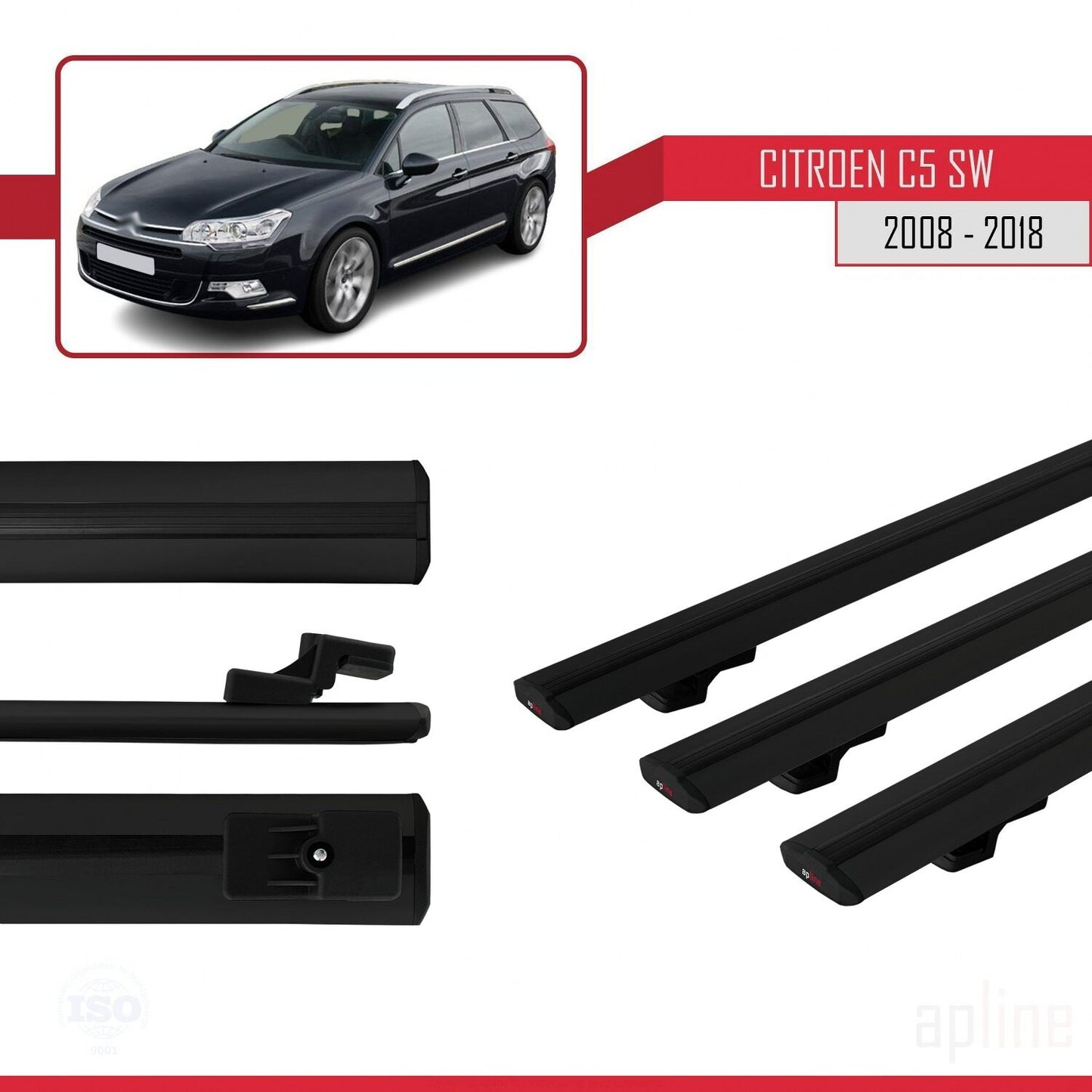 Compatible avec Citroen C5 II Tourer 2008-2018 BASIC Model Barres de Toit Railing Porte-Bagages de Voiture Noir Aluminium 3 Barres