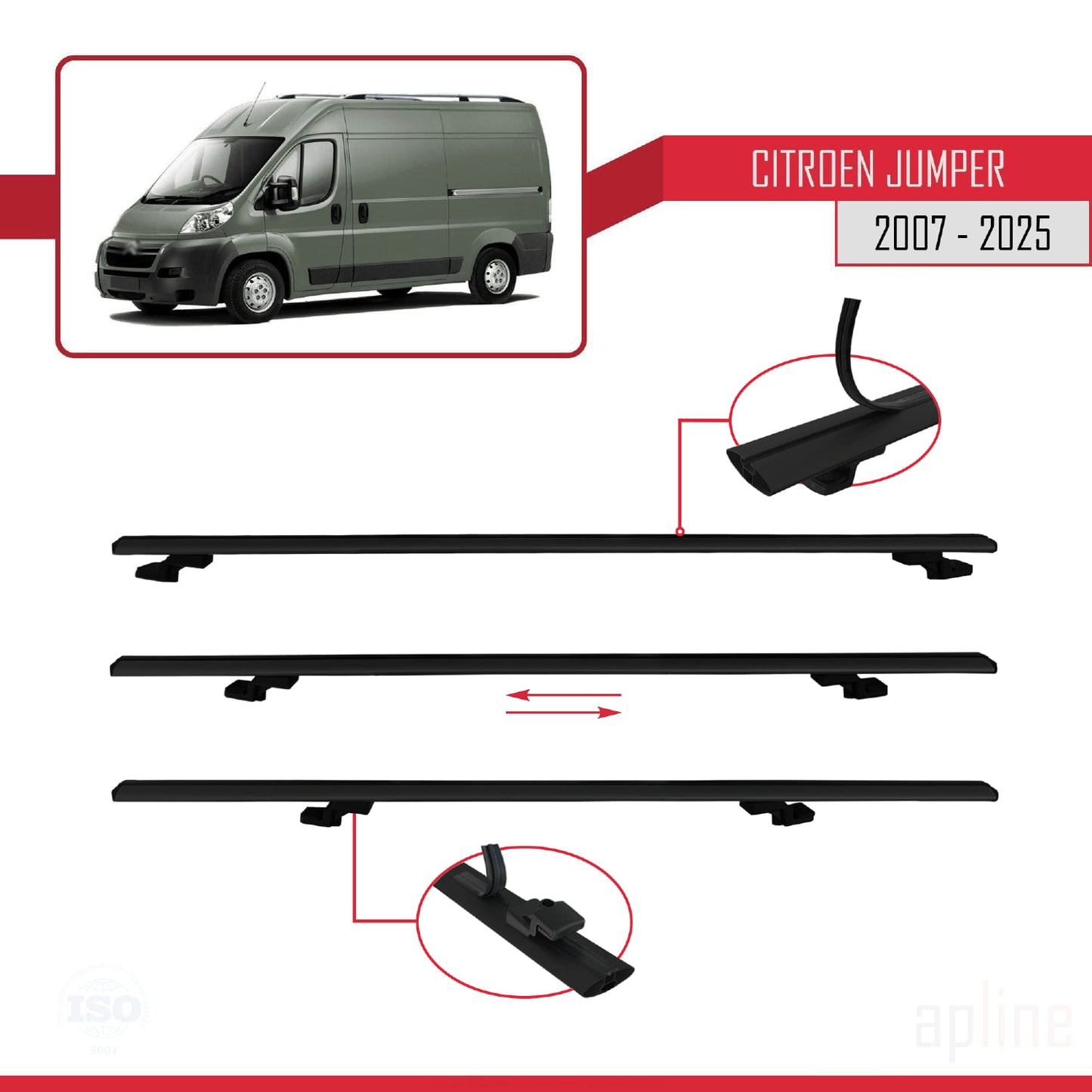 Compatible avec Citroen Jumper 2 2007-2025 BASIC Model Barres de Toit Railing Porte-Bagages de Voiture Noir Aluminium 4 Barres
