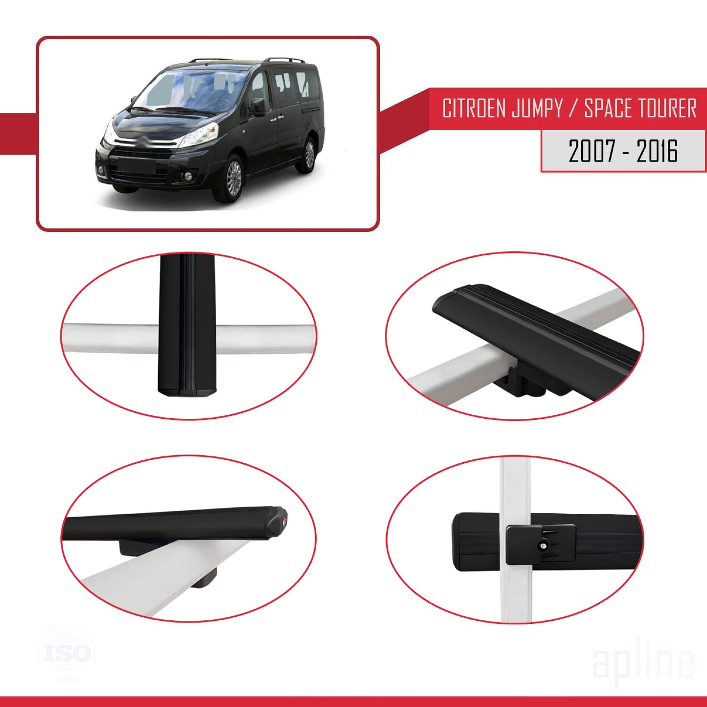 Compatible avec Citroen Jumpy 2 (G9) 2007-2016 BASIC Model Barres de Toit Railing Porte-Bagages de Voiture Noir Aluminium 3 Barres