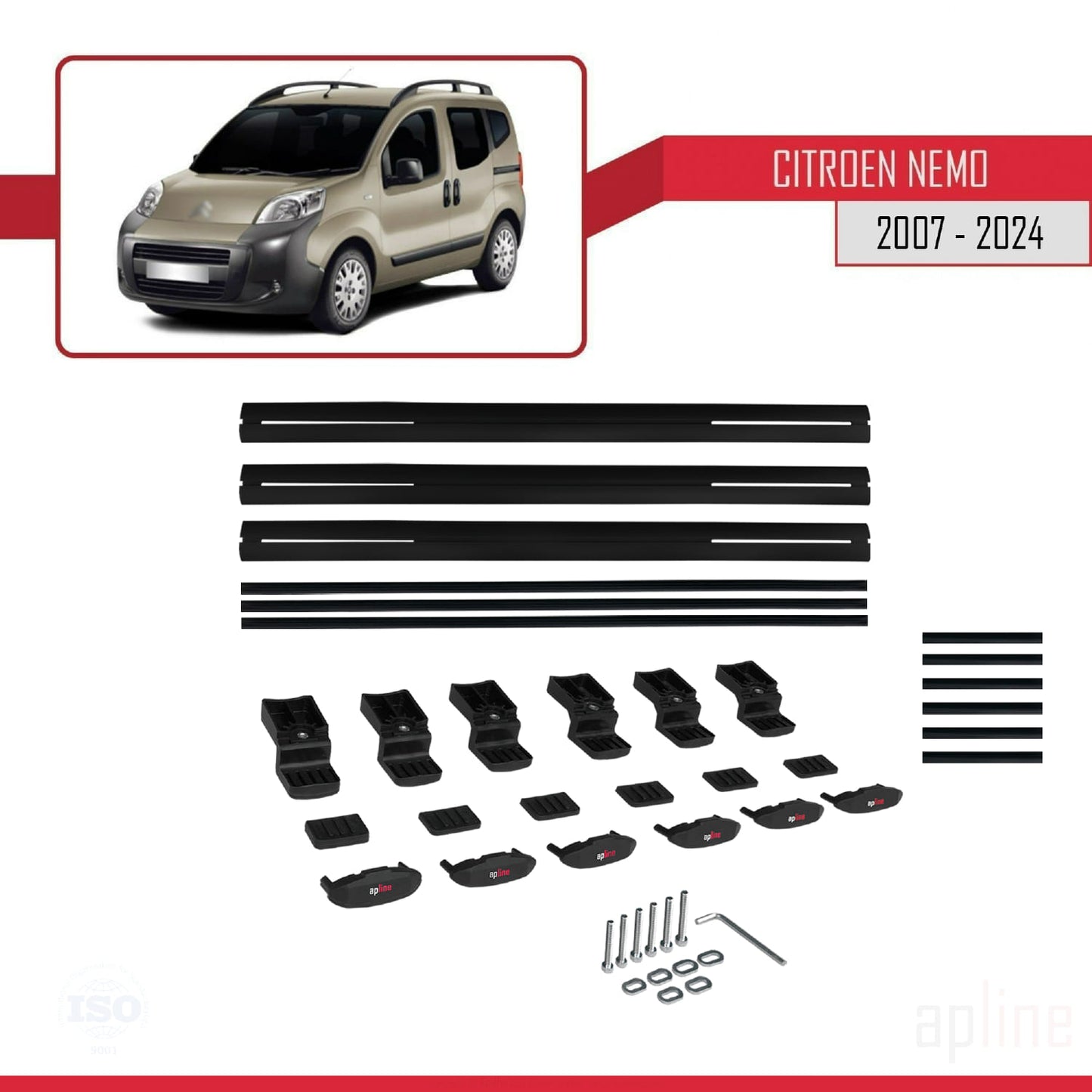 Compatible avec Citroen Nemo 3 (225) 2007-2024 BASIC Model Barres de Toit Railing Porte-Bagages de Voiture Noir Aluminium 3 Barres