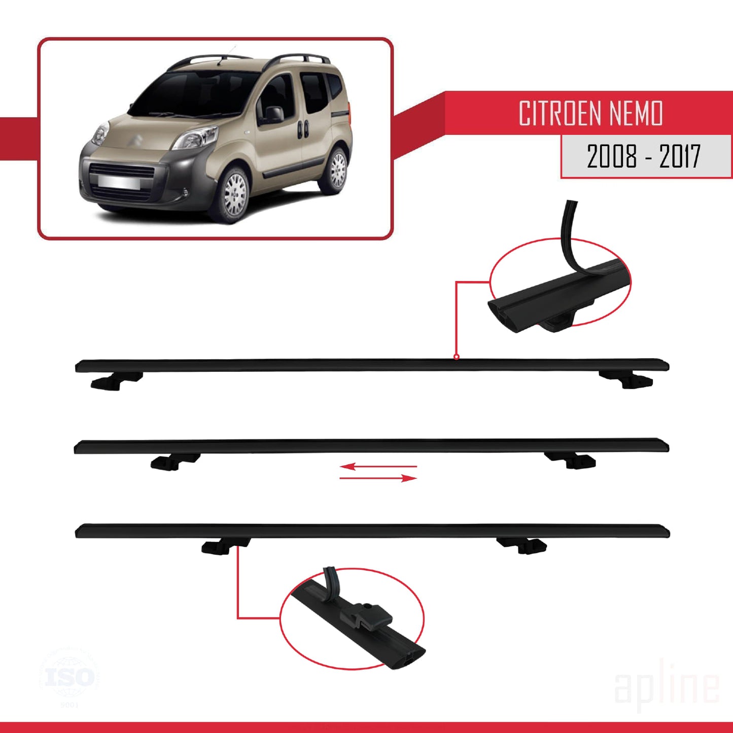 Compatible avec Citroen Nemo 3 (225) 2007-2024 BASIC Model Barres de Toit Railing Porte-Bagages de Voiture Noir Aluminium 4 Barres
