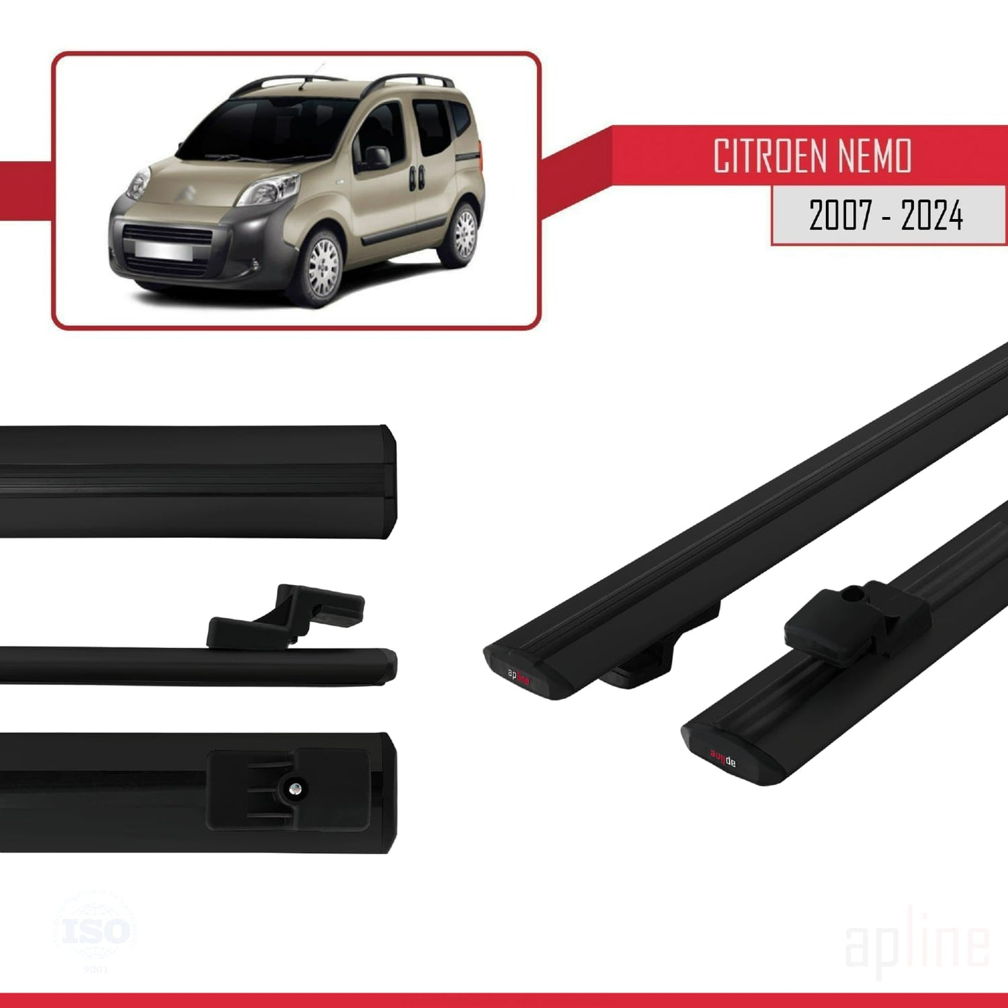 Compatible avec Citroen Nemo 3 (225) 2007-2024 BASIC Model Barres de Toit Railing Porte-Bagages de Voiture Noir Aluminium 2 Barres
