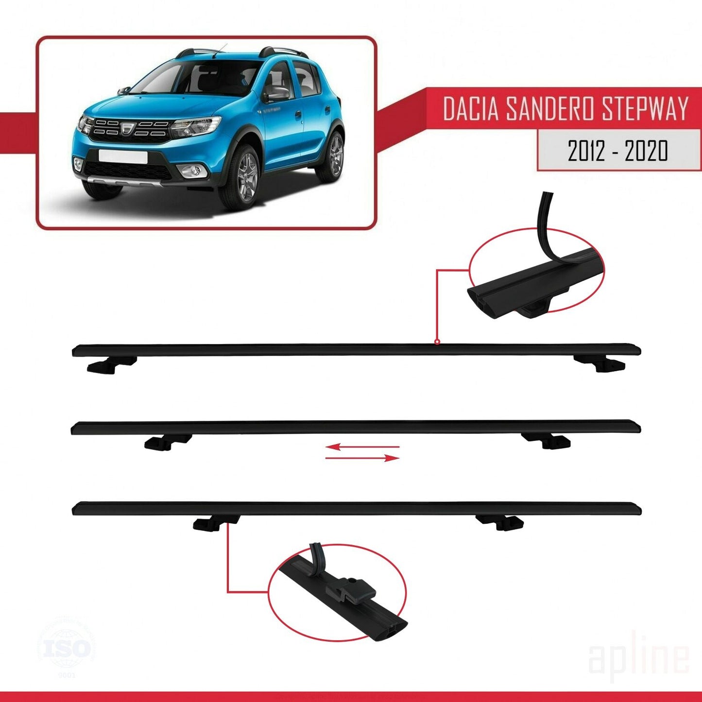 Kompatibel mit Dacia Sandero Stepway 2 2012-2020 Basismodell Dachgepäckträger, schwarzes Aluminium, 2 Stangen