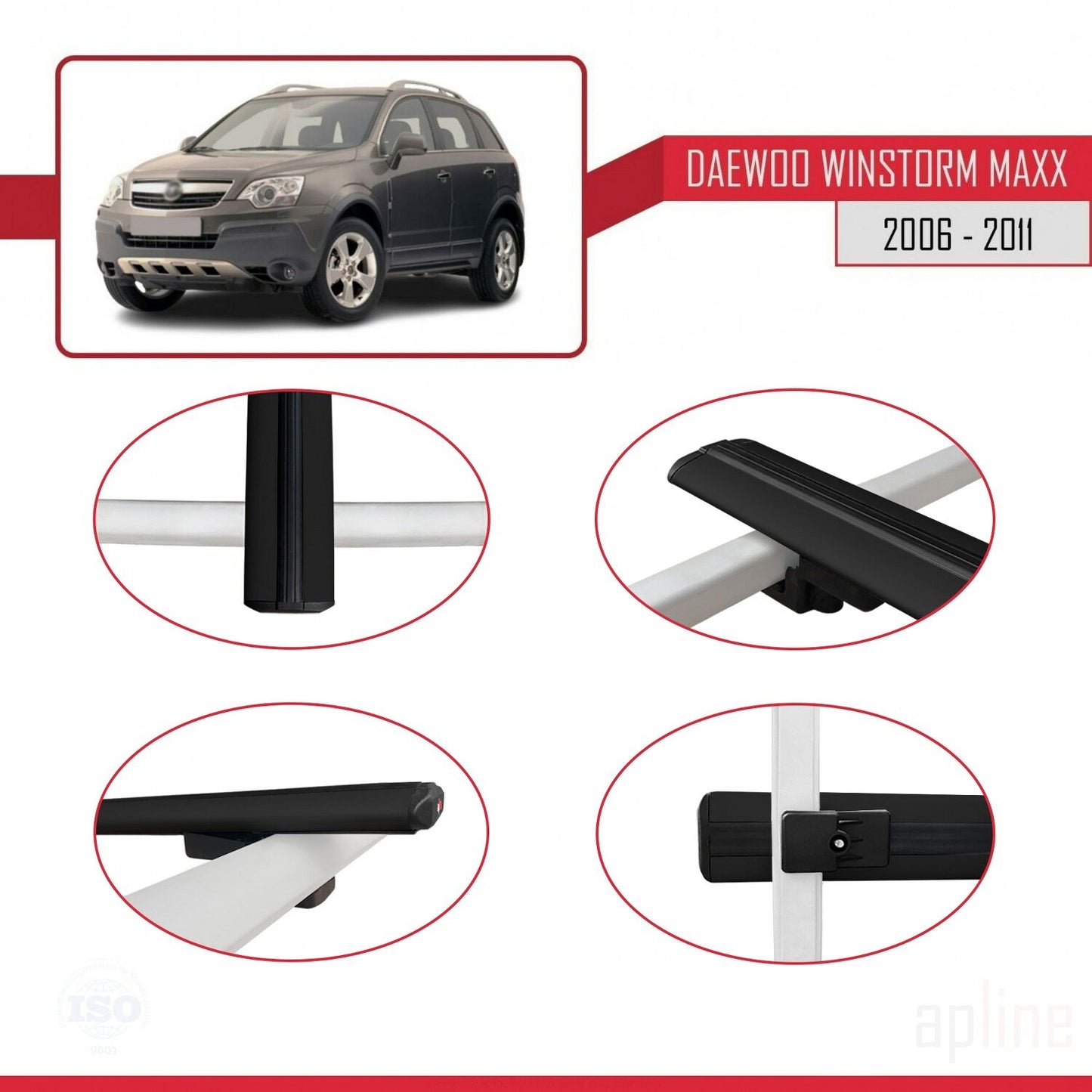 Kompatibel mit Daewoo Winstorm MaXX 2006-2011 BASIC Modell Dachgepäckträger, schwarzes Aluminium, 2 Stangen