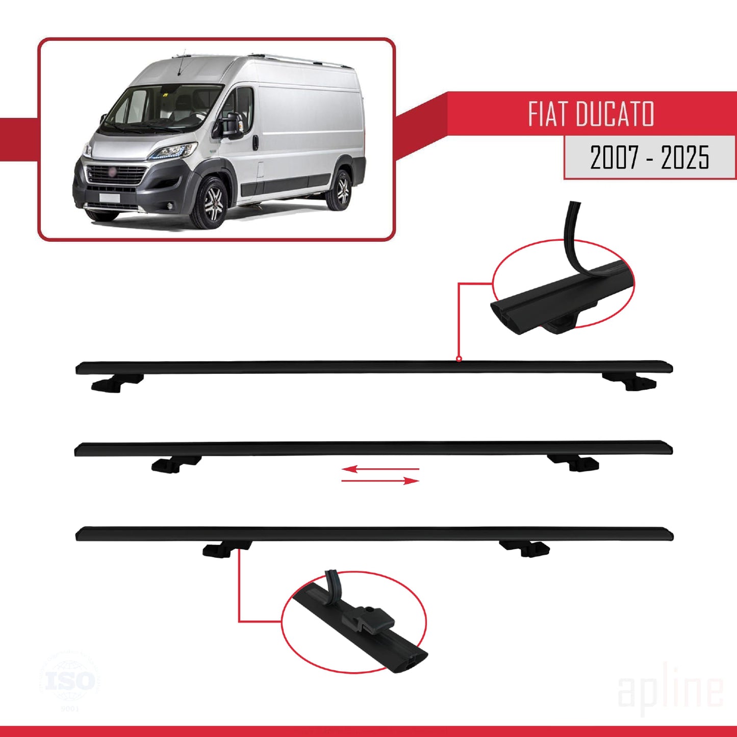 Compatible avec Fiat Ducato 3 2007-2025 BASIC Model Barres de Toit Railing Porte-Bagages de Voiture Noir Aluminium 4 Barres