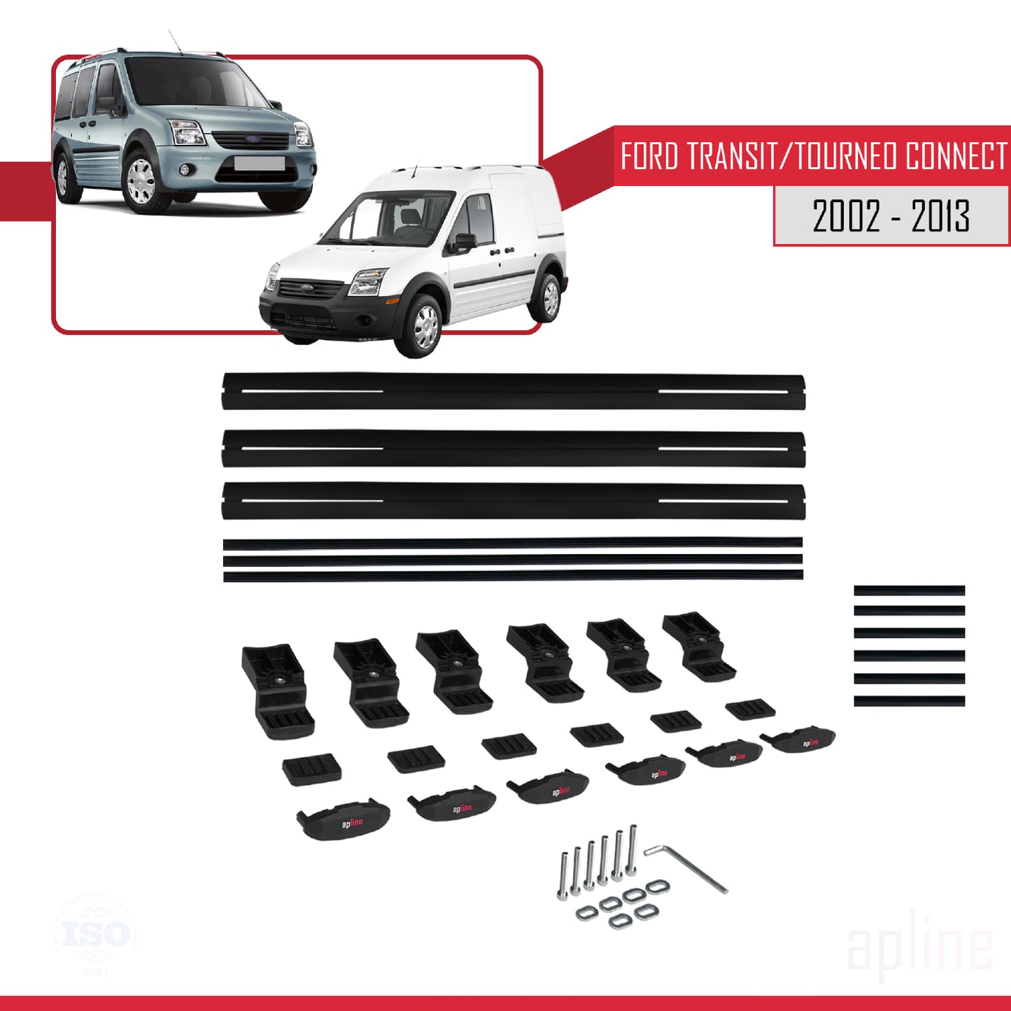Compatible avec Ford Transit/Tourneo Connect 2002-2013 BASIC Model Barres de Toit Railing Porte-Bagages de Voiture Noir Aluminium 3 Barres