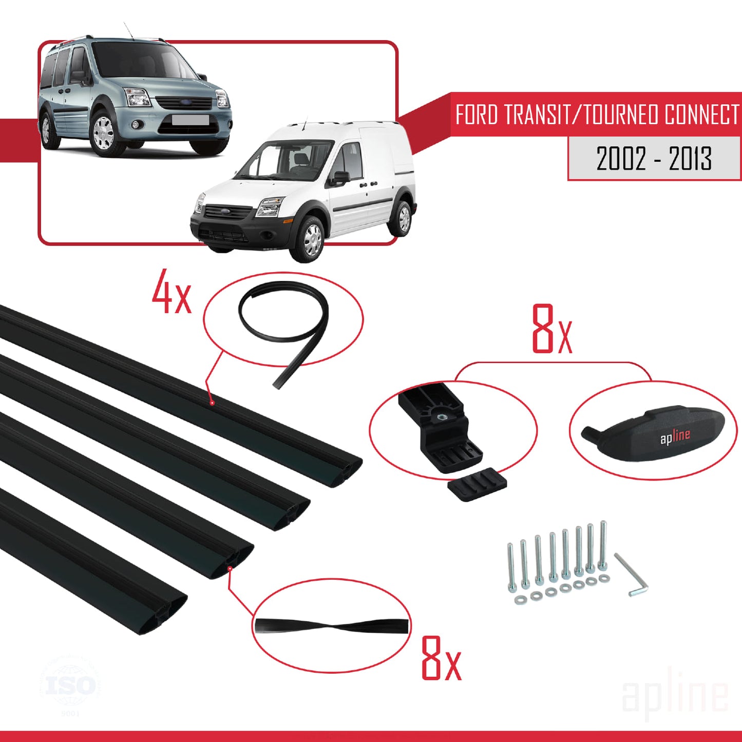 Compatible avec Ford Transit/Tourneo Connect 2002-2013 BASIC Model Barres de Toit Railing Porte-Bagages de Voiture Noir Aluminium 4 Barres