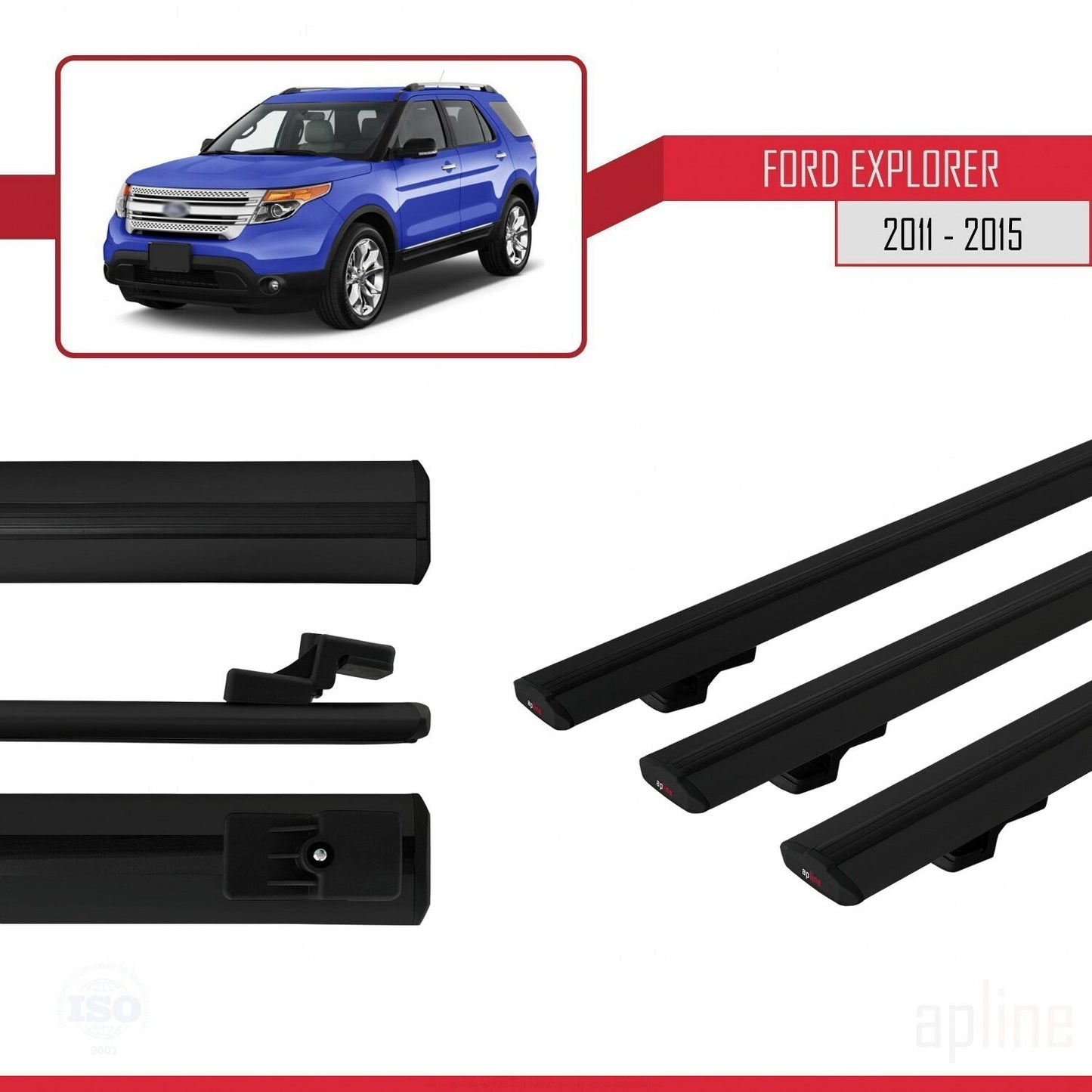 Compatible avec Ford Explorer 5 (U502) Pre-Facelift 2011-2015 BASIC Model Barres de Toit Railing Porte-Bagages de Voiture Noir Aluminium 3 Barres