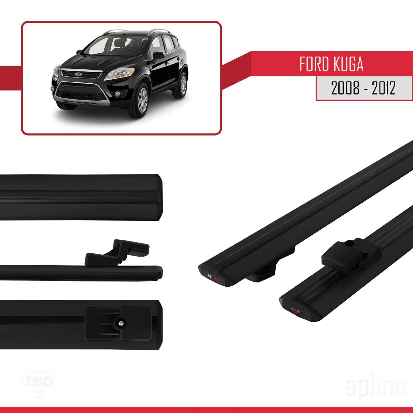 Compatible avec Ford Kuga (C394) 2008-2012 BASIC Model Barres de Toit Railing Porte-Bagages de Voiture Noir Aluminium 2 Barres