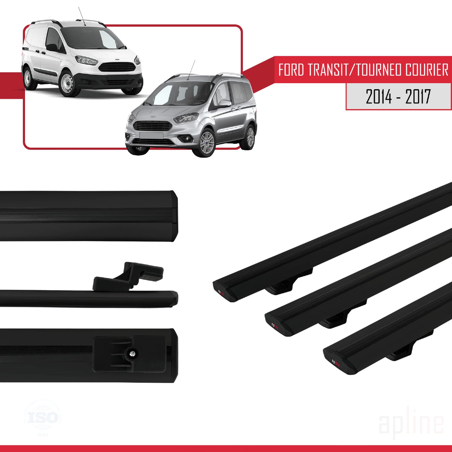 Compatible avec Ford Transit/Tourneo Courier Pre-Facelift 2014-2017 BASIC Model Barres de Toit Railing Porte-Bagages de Voiture Noir Aluminium 3 Barres
