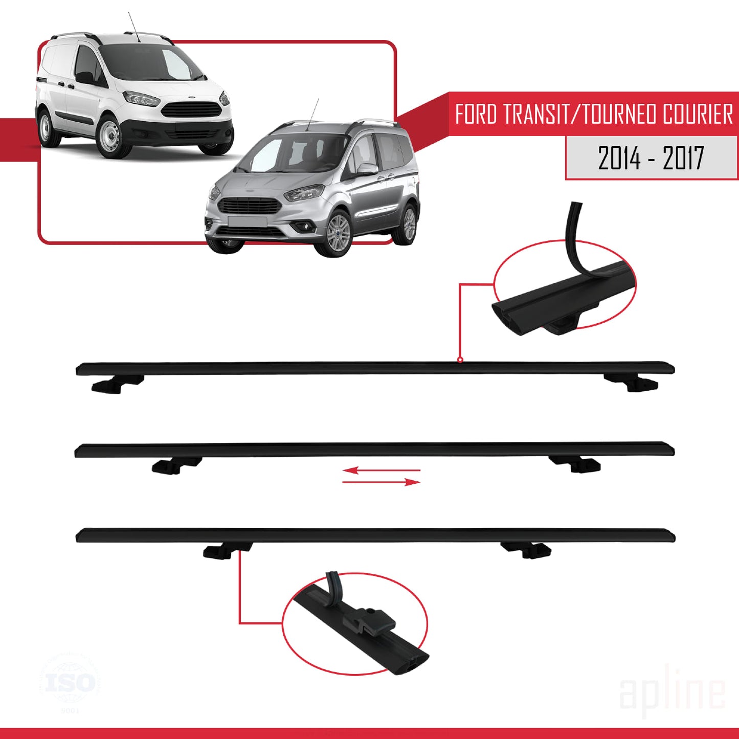 Compatible avec Ford Transit/Tourneo Courier Pre-Facelift 2014-2017 BASIC Model Barres de Toit Railing Porte-Bagages de Voiture Noir Aluminium 3 Barres