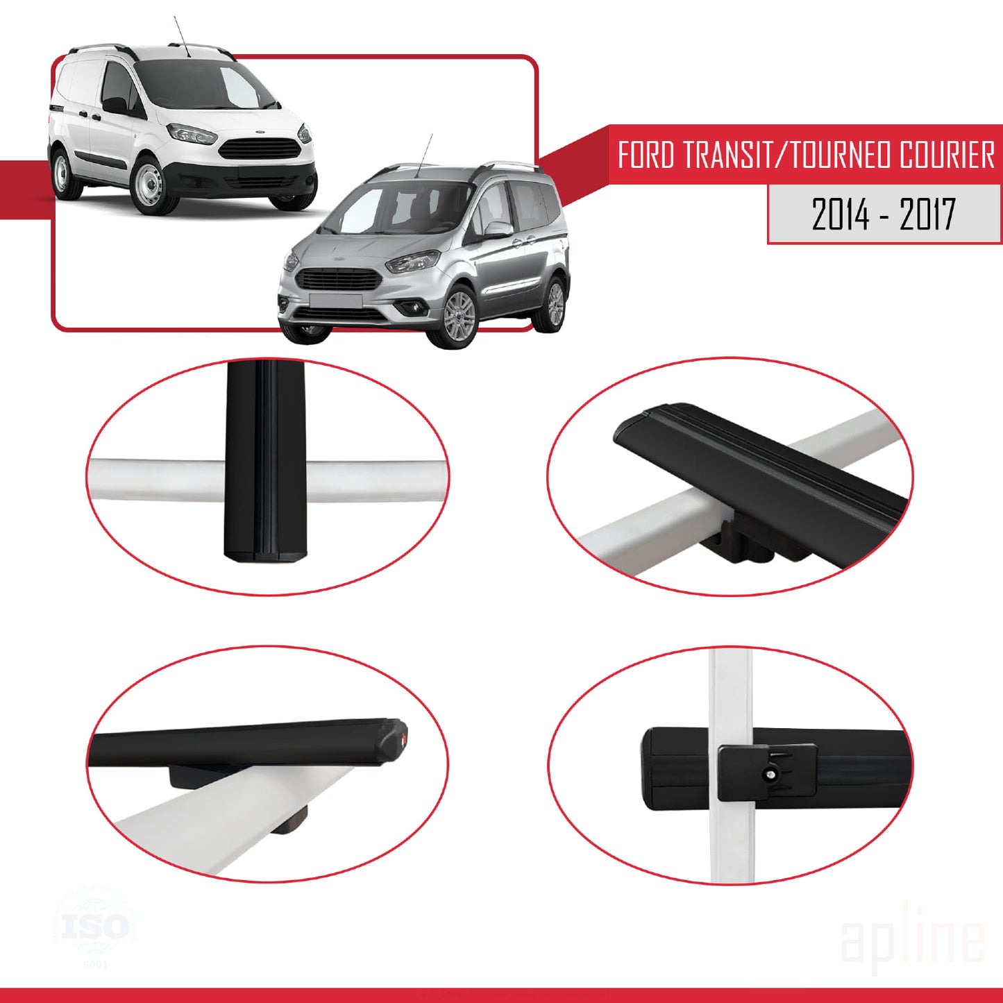Compatible avec Ford Transit/Tourneo Courier Pre-Facelift 2014-2017 BASIC Model Barres de Toit Railing Porte-Bagages de Voiture Noir Aluminium 2 Barres
