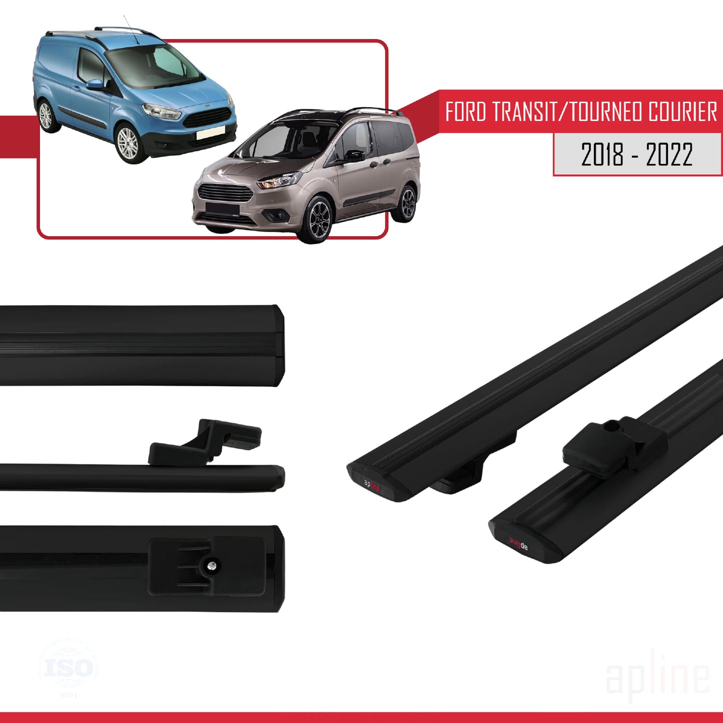 Compatible avec Ford Transit/Tourneo Courier Post-Facelift 2018-2022 BASIC Model Barres de Toit Railing Porte-Bagages de Voiture Noir Aluminium 2 Barres
