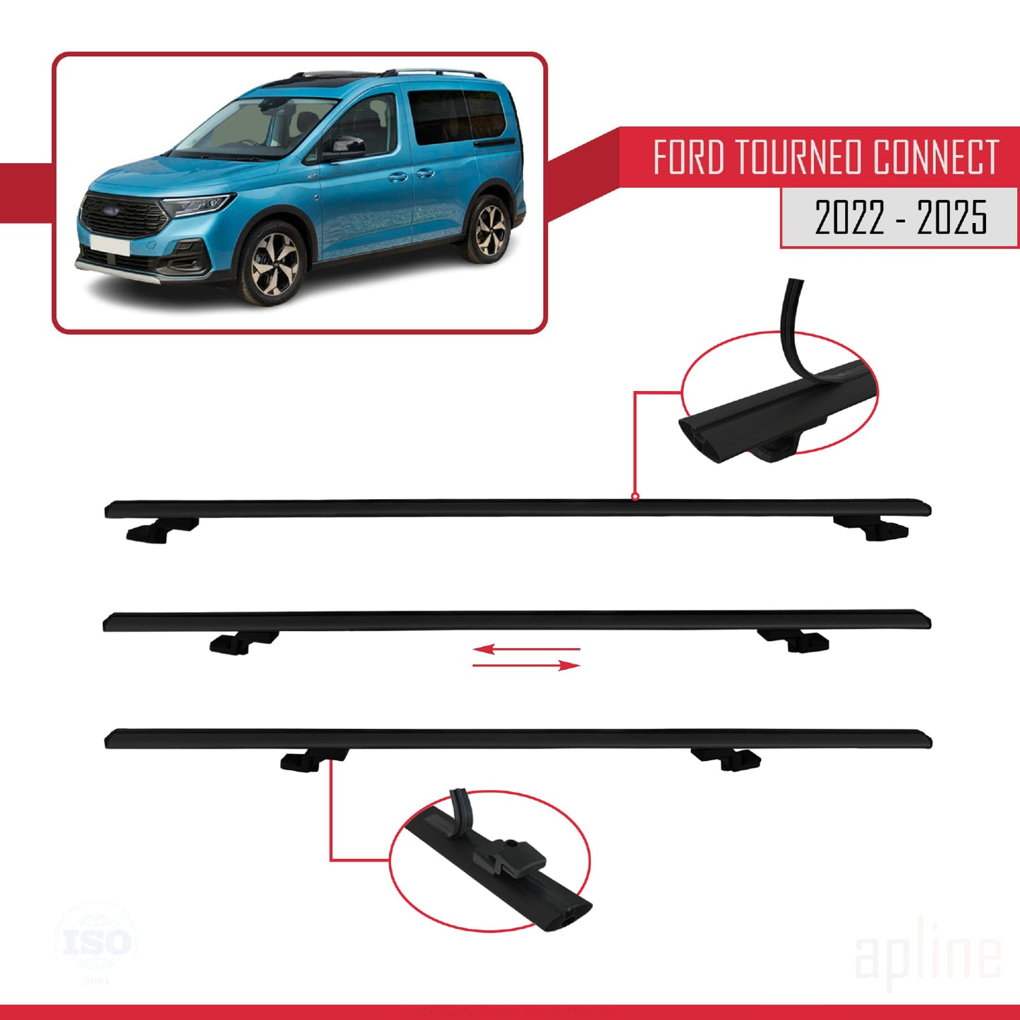 Compatible avec Ford Transit/Tourneo Connect 3 2022-2025 BASIC Model Barres de Toit Railing Porte-Bagages de Voiture Noir Aluminium 3 Barres