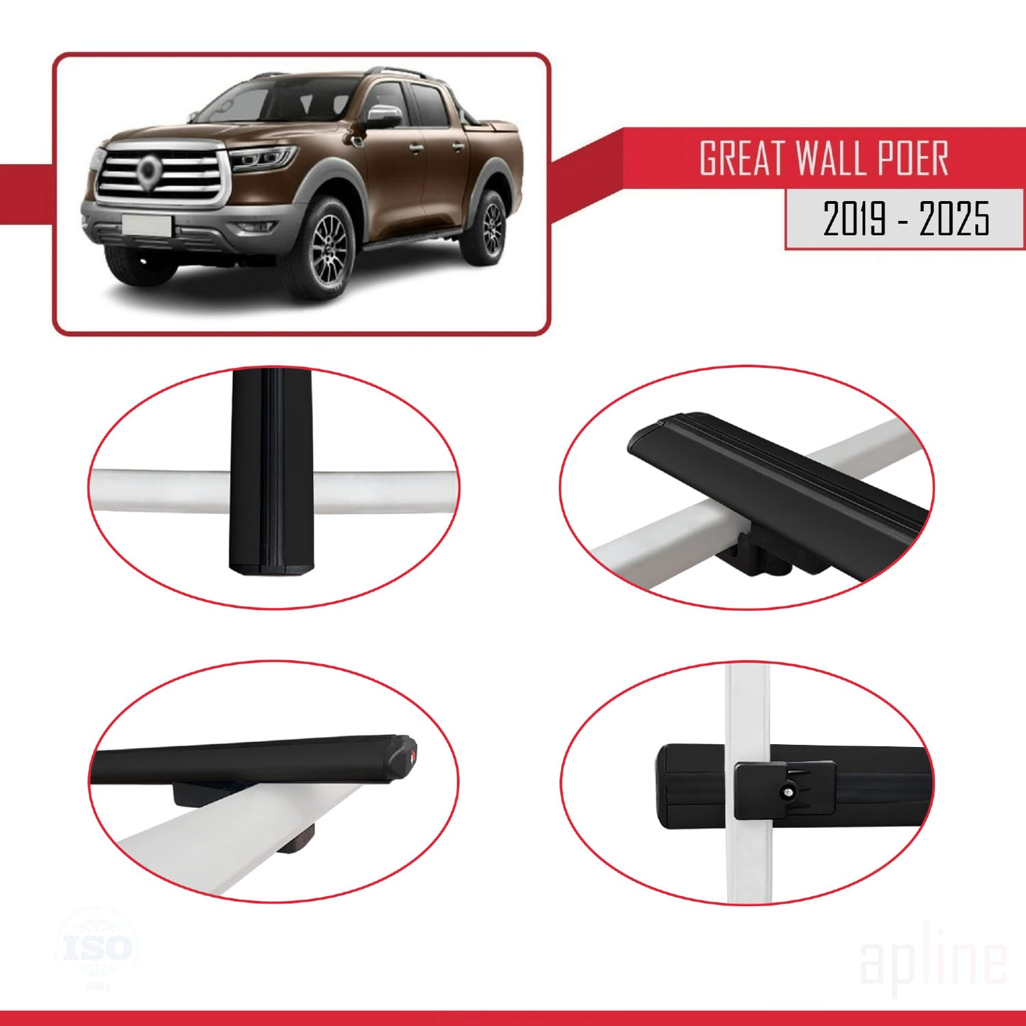 Compatible with Great Wall Poer 2019-2025 BASIC Model Car Roof Rack Cross Bar Black Aluminium 3 Bars