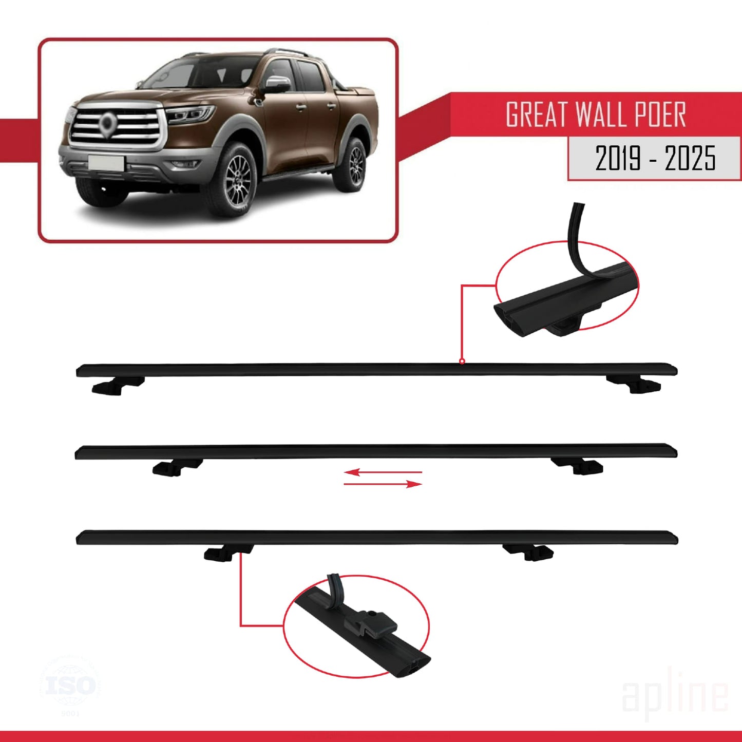 Compatible with Great Wall Poer 2019-2025 BASIC Model Car Roof Rack Cross Bar Black Aluminium 3 Bars