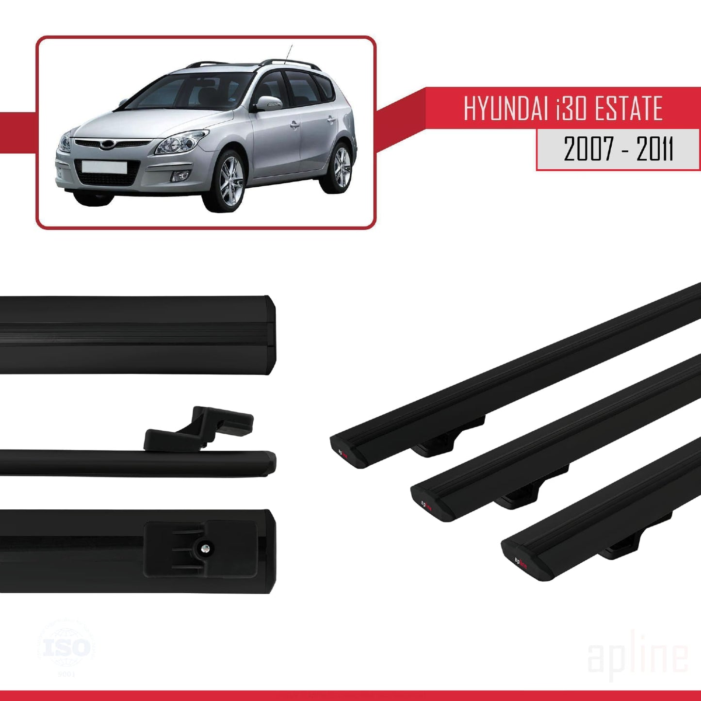 Compatible with Hyundai i30 (FD) SW 2007-2011 BASIC Model Car Roof Rack Cross Bar Black Aluminium 3 Bars