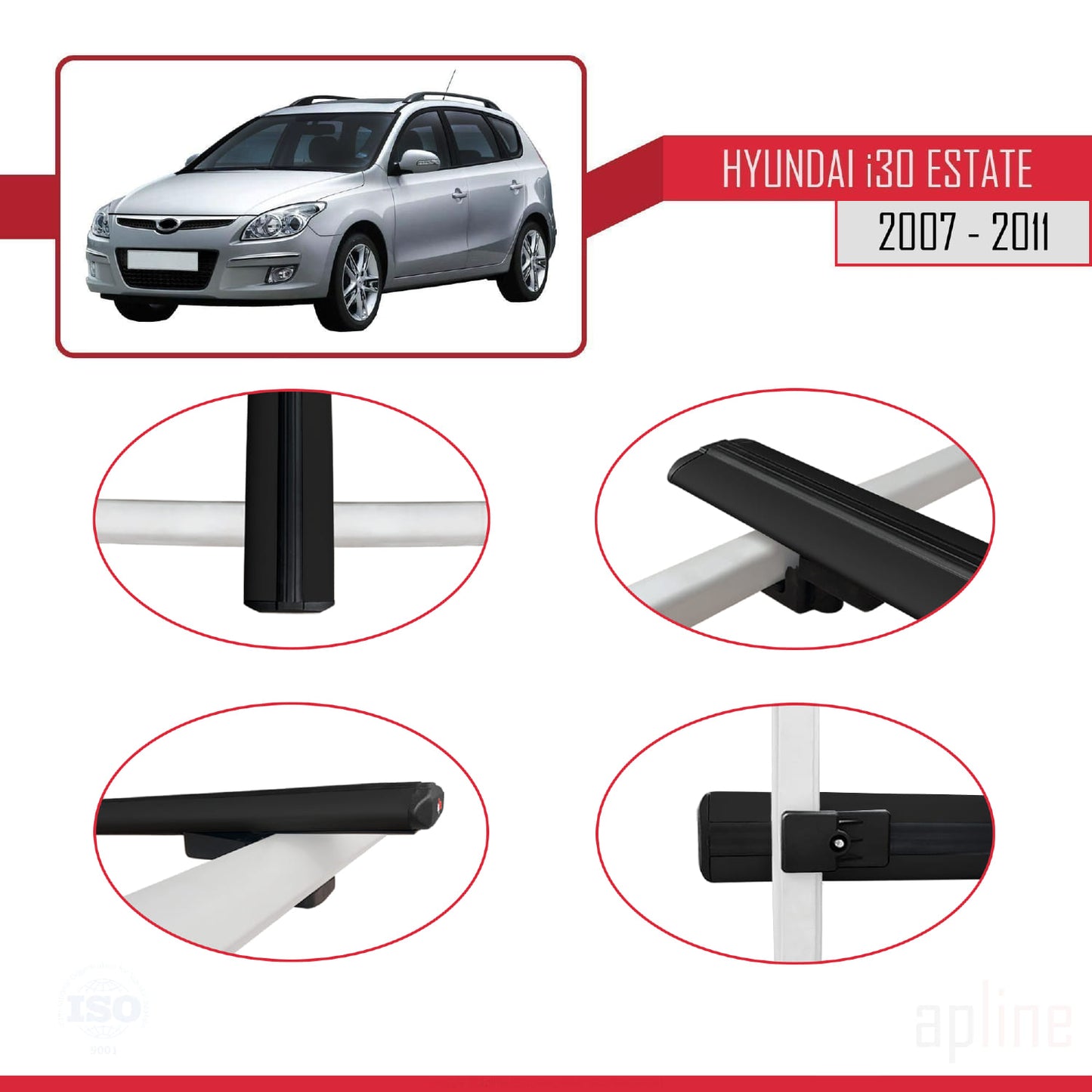 Compatible with Hyundai i30 (FD) SW 2007-2011 BASIC Model Car Roof Rack Cross Bar Black Aluminium 3 Bars