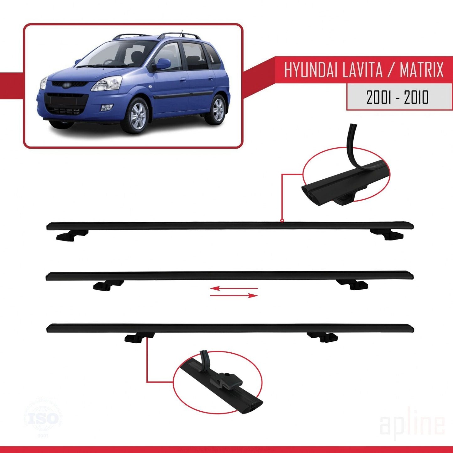 Compatible avec Hyundai Matrix (FC) 2001-2010 BASIC Model Barres de Toit Railing Porte-Bagages de Voiture Noir Aluminium 2 Barres