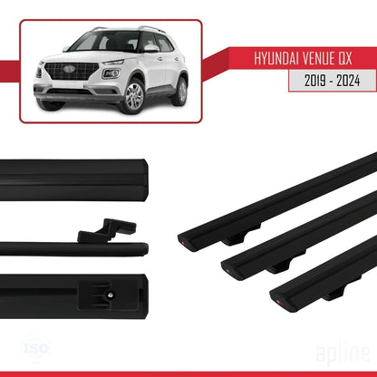 Compatible avec Hyundai Venue (QX) 2019-2024 BASIC Model Barres de Toit Railing Porte-Bagages de Voiture Noir Aluminium 3 Barres