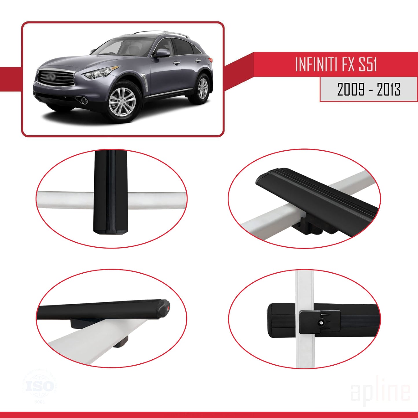 Compatible avec Infiniti FX 2 (S51) 2009-2013 BASIC Model Barres de Toit Railing Porte-Bagages de Voiture Noir Aluminium 3 Barres