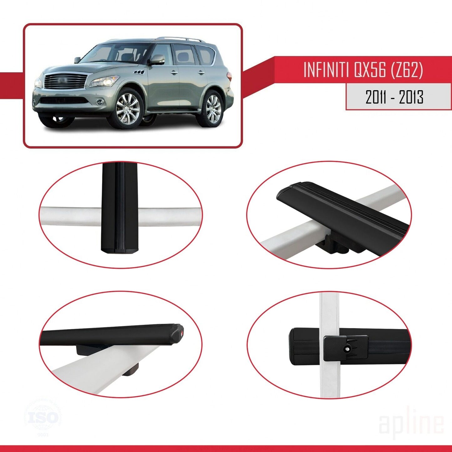 Compatible avec IInfiniti QX56 (Z62) 2011-2013 BASIC Model Barres de Toit Railing Porte-Bagages de Voiture Noir Aluminium 3 Barres