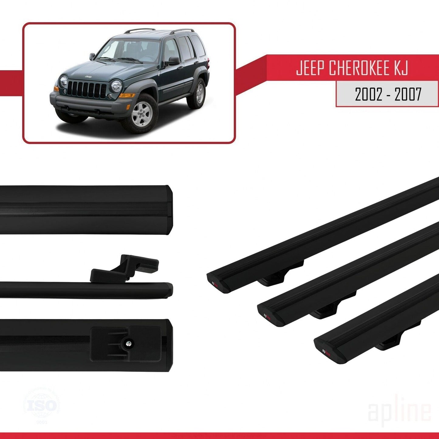 Compatible avec Jeep Cherokee 3 (KJ) 2002-2007 BASIC Model Barres de Toit Railing Porte-Bagages de Voiture Noir Aluminium 3 Barres